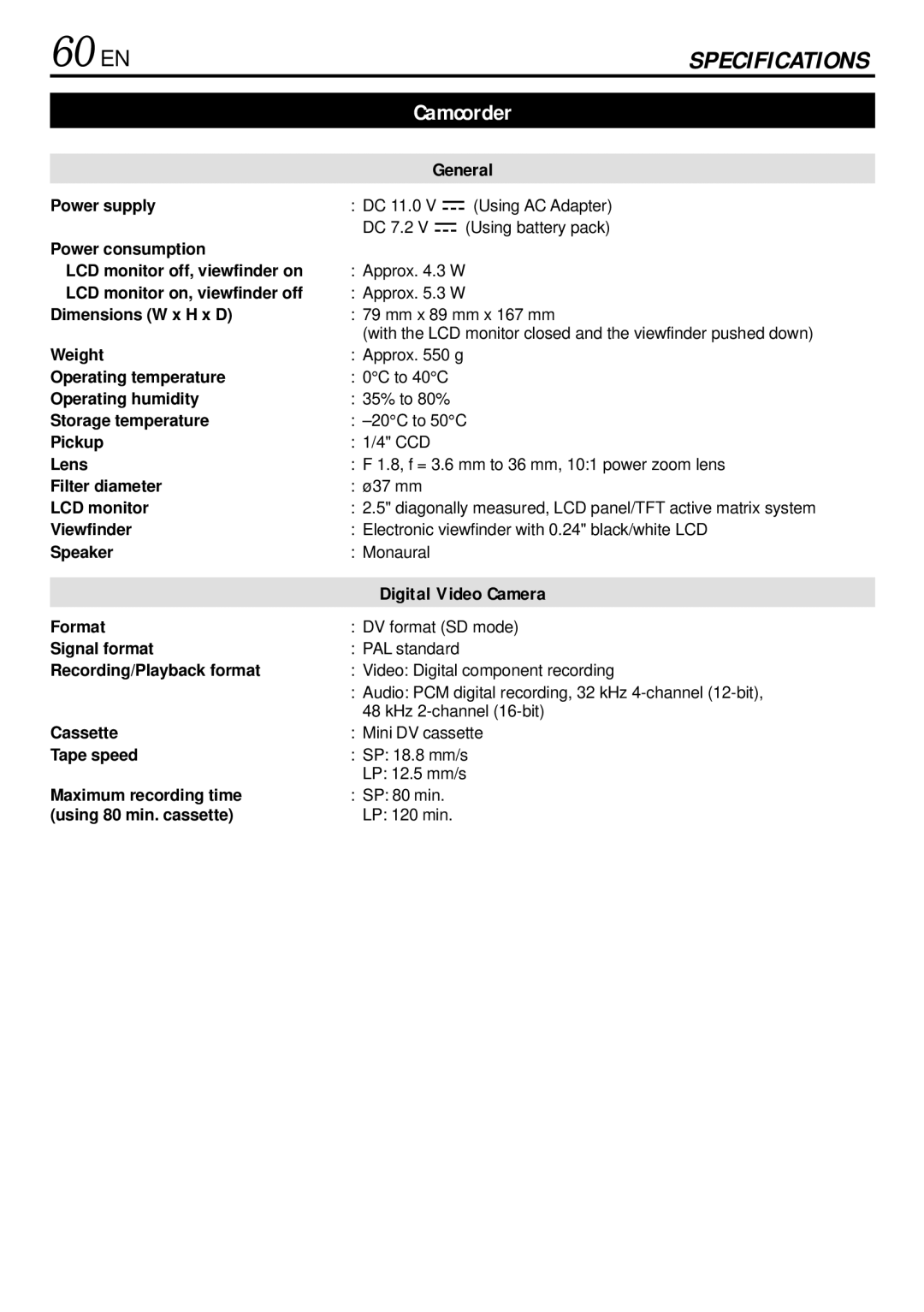 JVC GR-DVL155 specifications 60 EN 