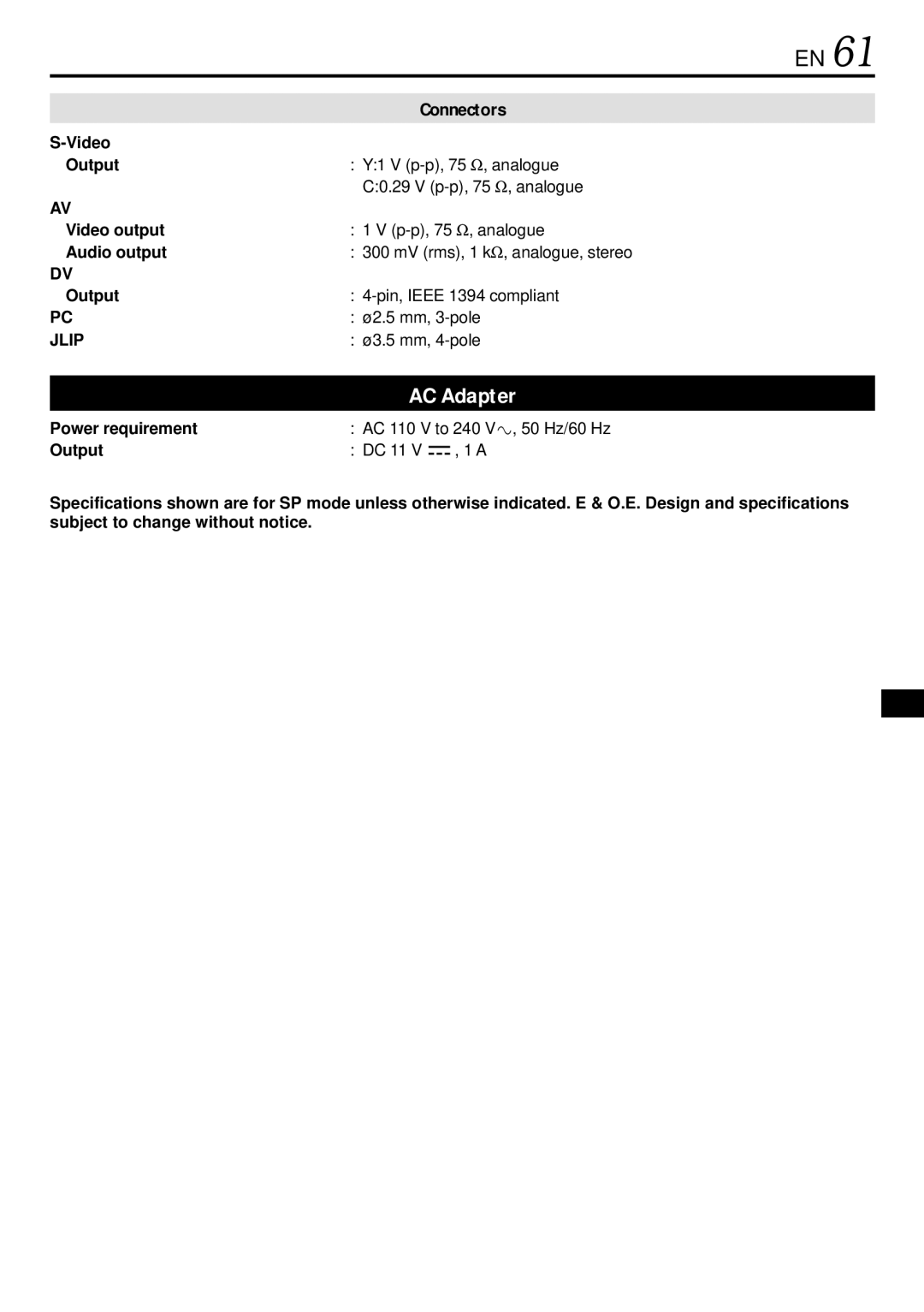 JVC GR-DVL155 specifications Video Output, Audio output, Jlip, Power requirement 