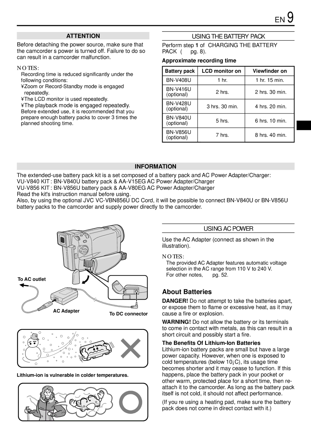 JVC GR-DVL155 specifications Using the Battery Pack, Using AC Power, About Batteries, Approximate recording time 