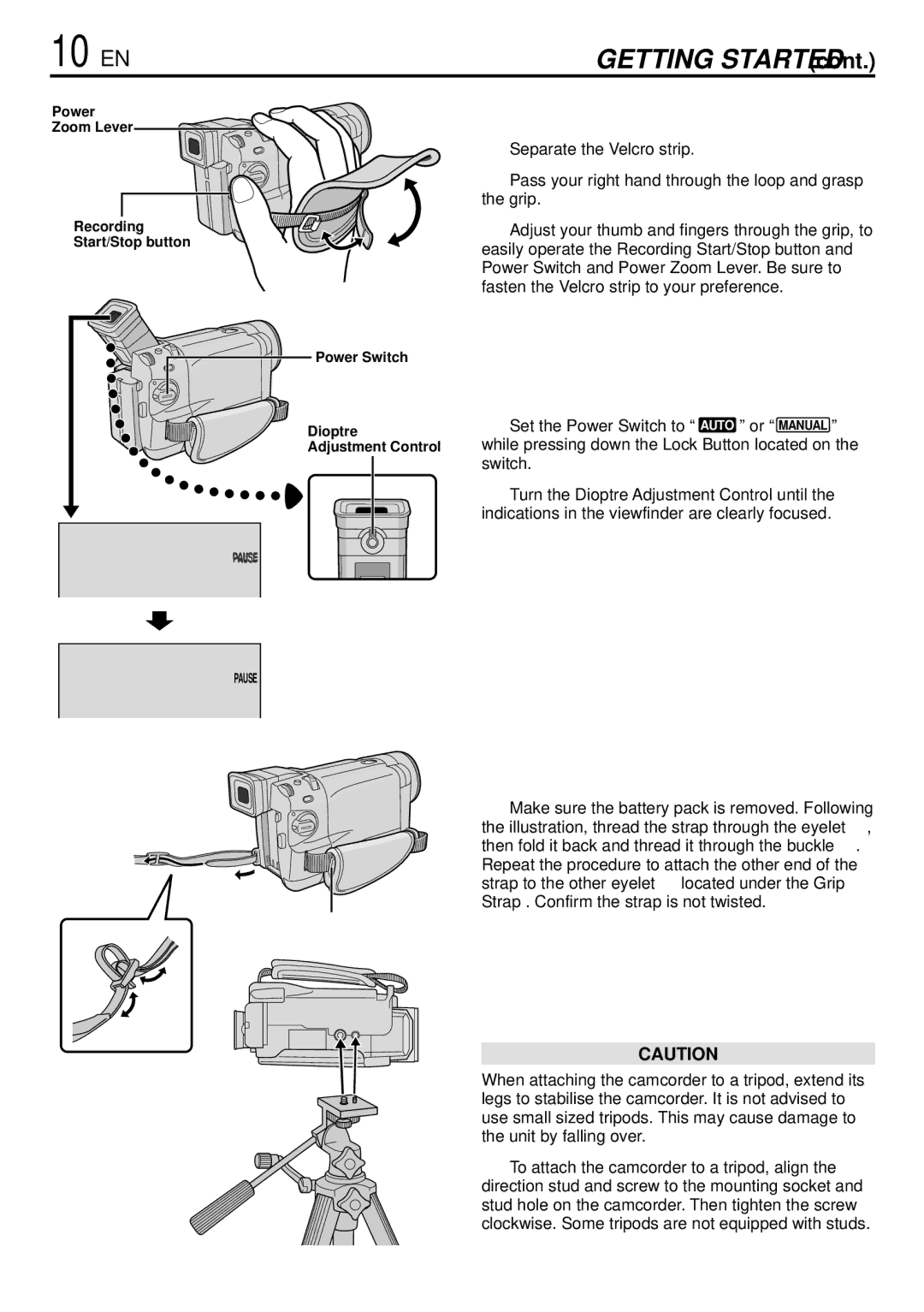 JVC GR-DVL166 specifications 10 EN, Grip Adjustment, Viewfinder Adjustment, Shoulder Strap Attachment, Tripod Mounting 