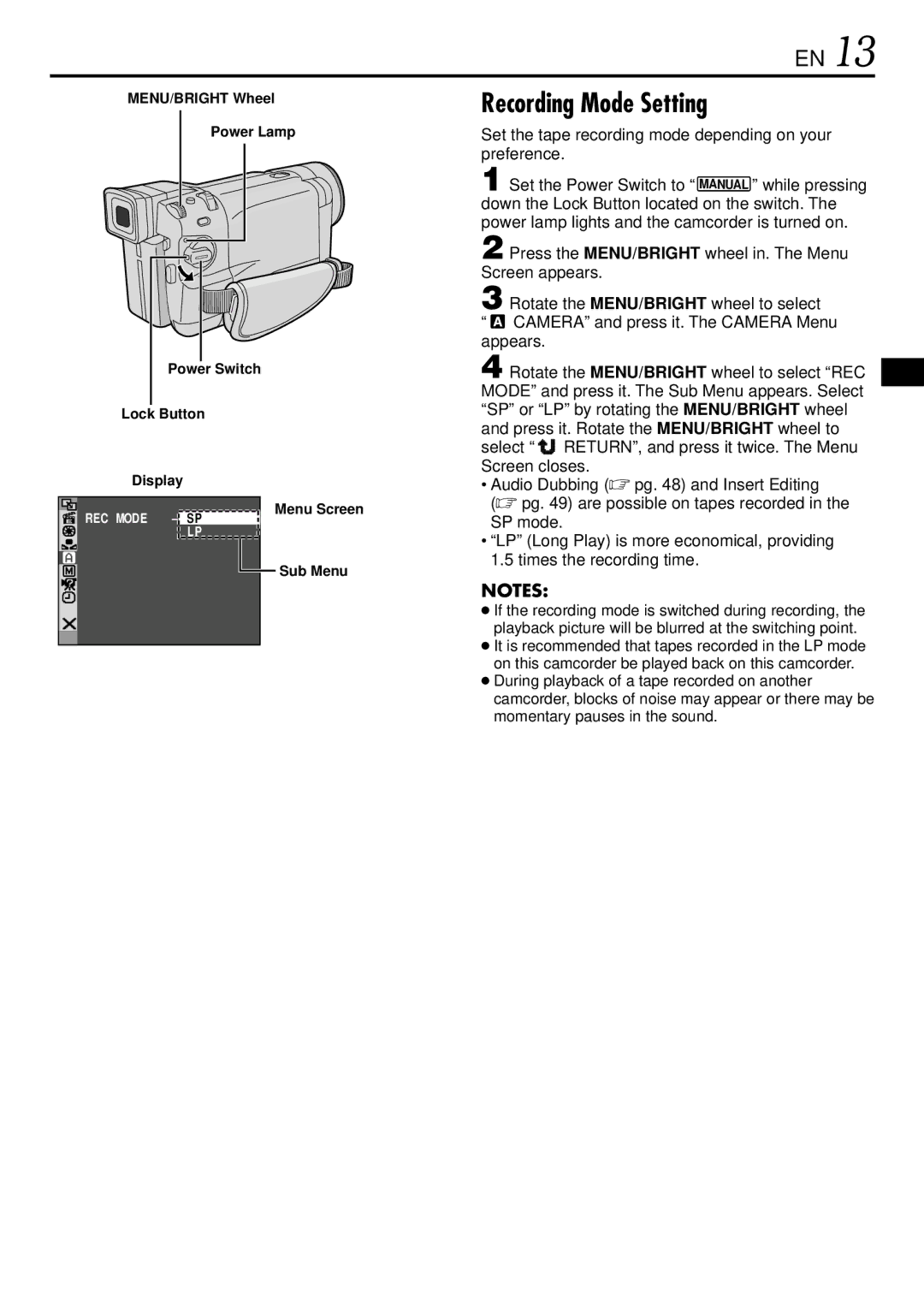 JVC GR-DVL166 specifications Recording Mode Setting, Set the tape recording mode depending on your preference, Menu Screen 