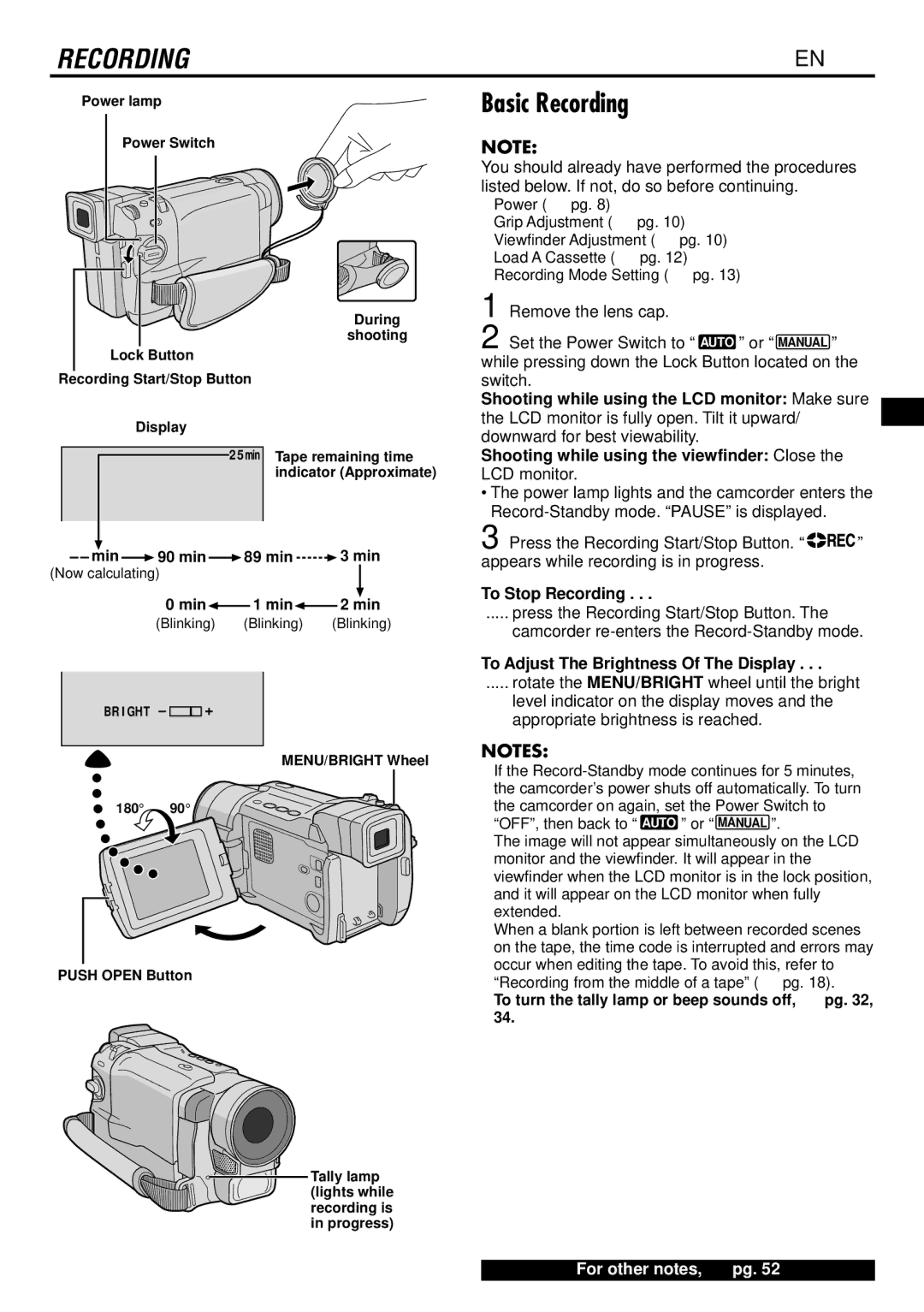 JVC GR-DVL166 specifications Basic Recording, Remove the lens cap Set the Power Switch to, To Stop Recording 