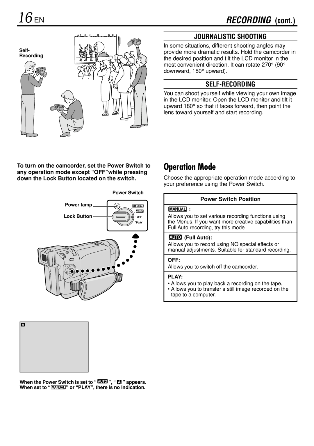 JVC GR-DVL166 specifications 16 EN, Operation Mode, Journalistic Shooting, Self-Recording, Power Switch Position 