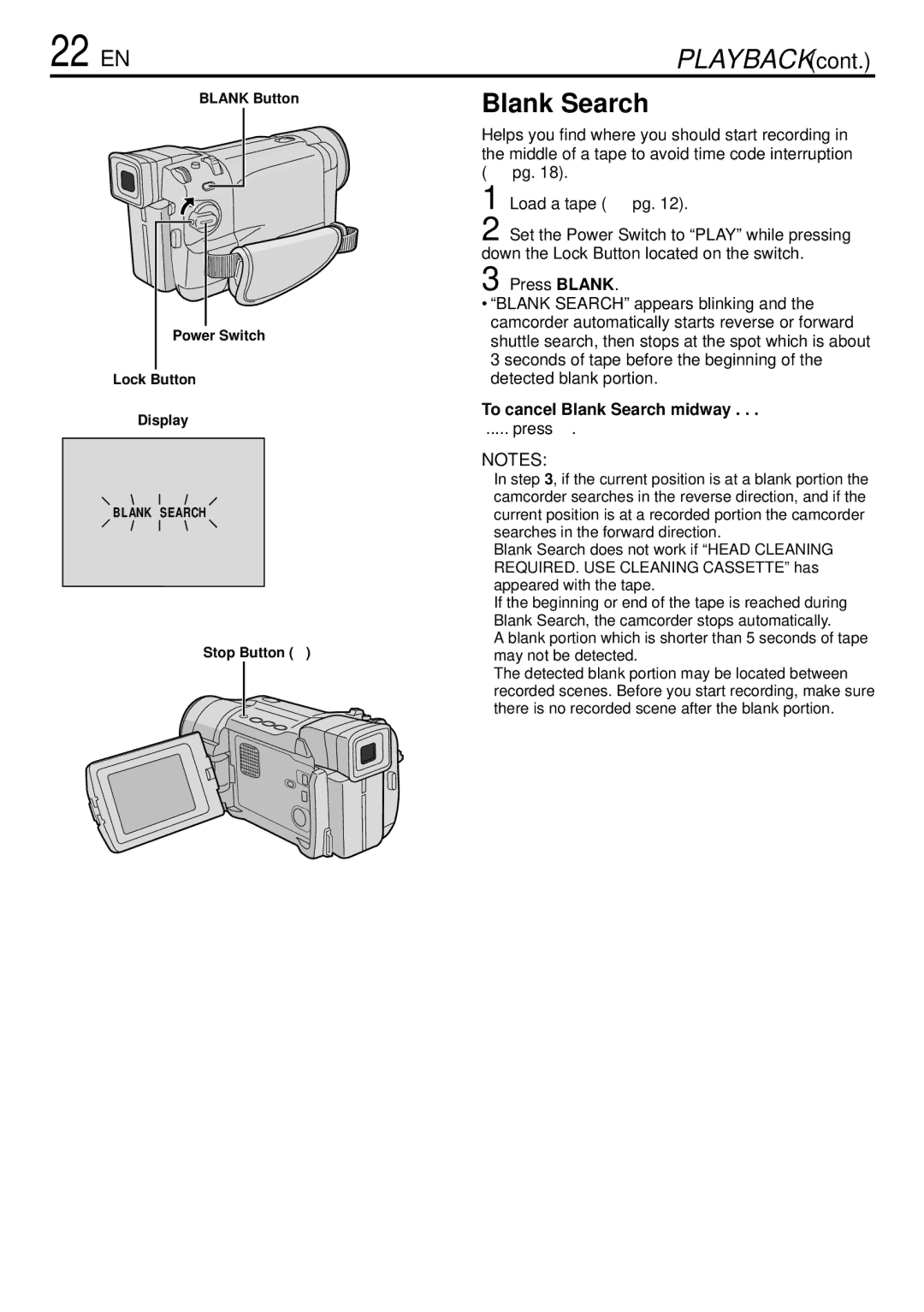 JVC GR-DVL166 specifications 22 EN, To cancel Blank Search midway, Press 