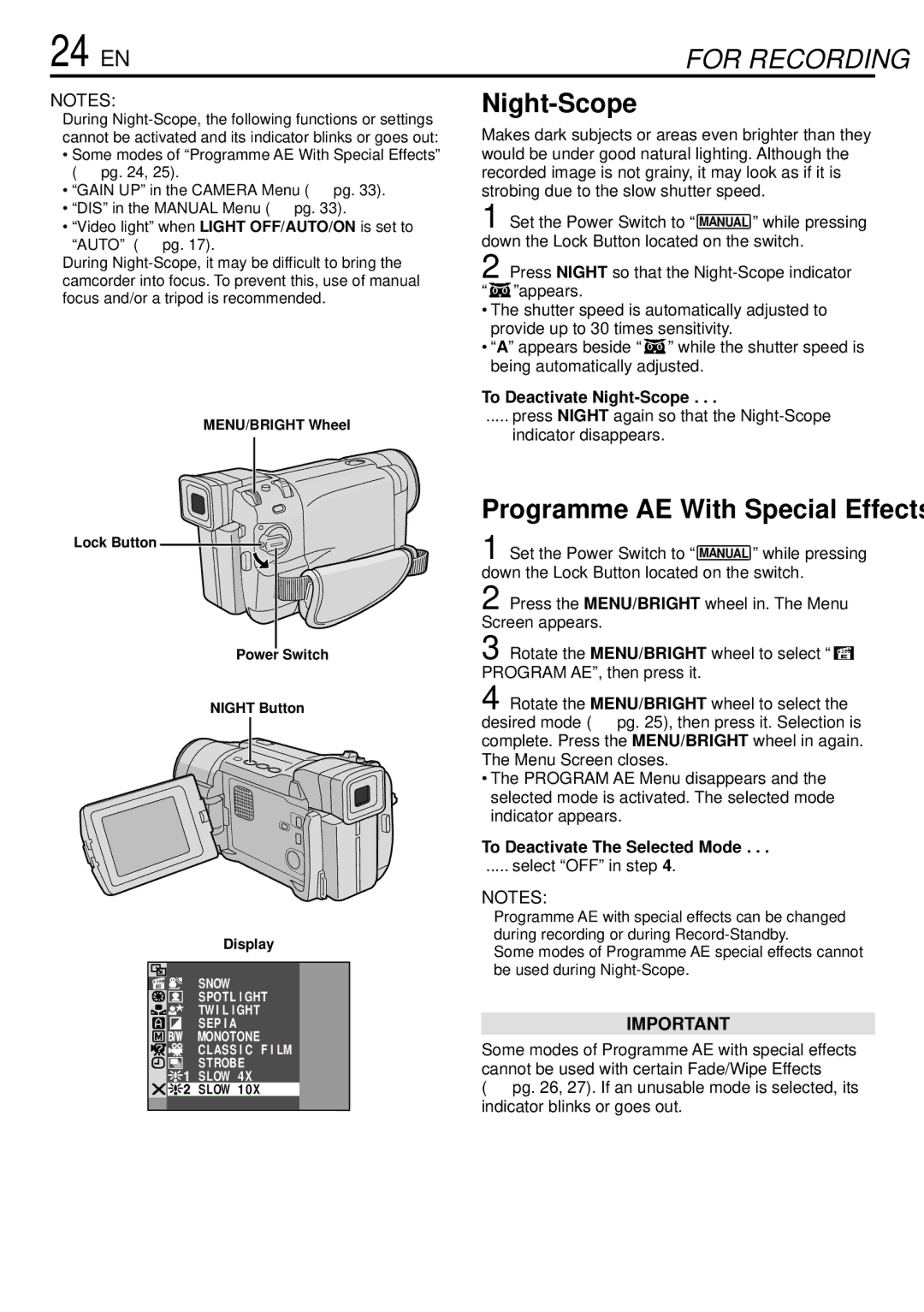 JVC GR-DVL166 specifications 24 EN, To Deactivate Night-Scope, To Deactivate The Selected Mode, Select OFF in step 