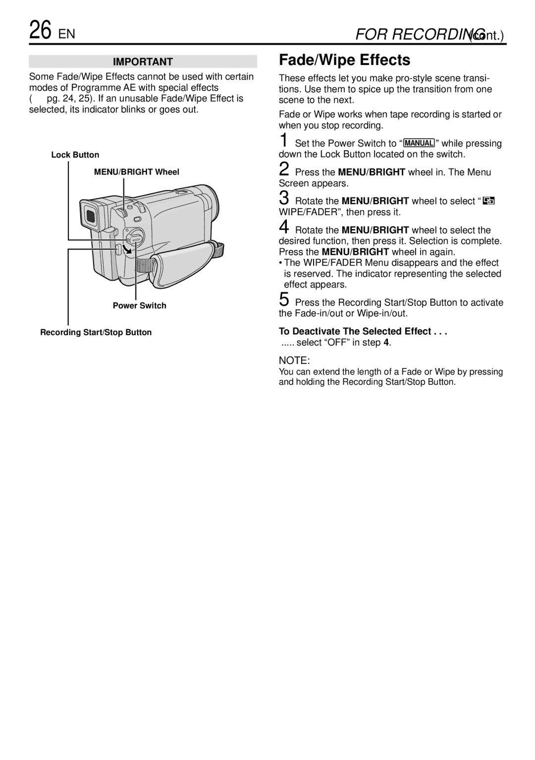 JVC GR-DVL166 26 EN, Fade/Wipe Effects, To Deactivate The Selected Effect, Power Switch Recording Start/Stop Button 