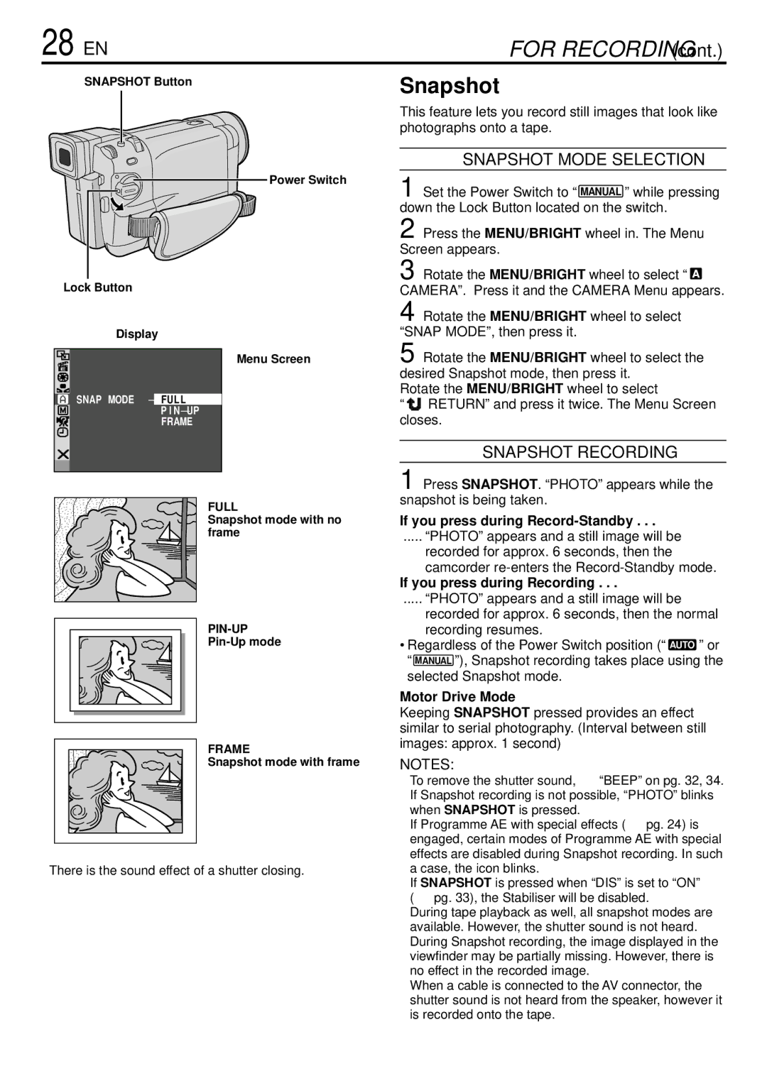 JVC GR-DVL166 specifications 28 EN, Snapshot Mode Selection, Snapshot Recording 