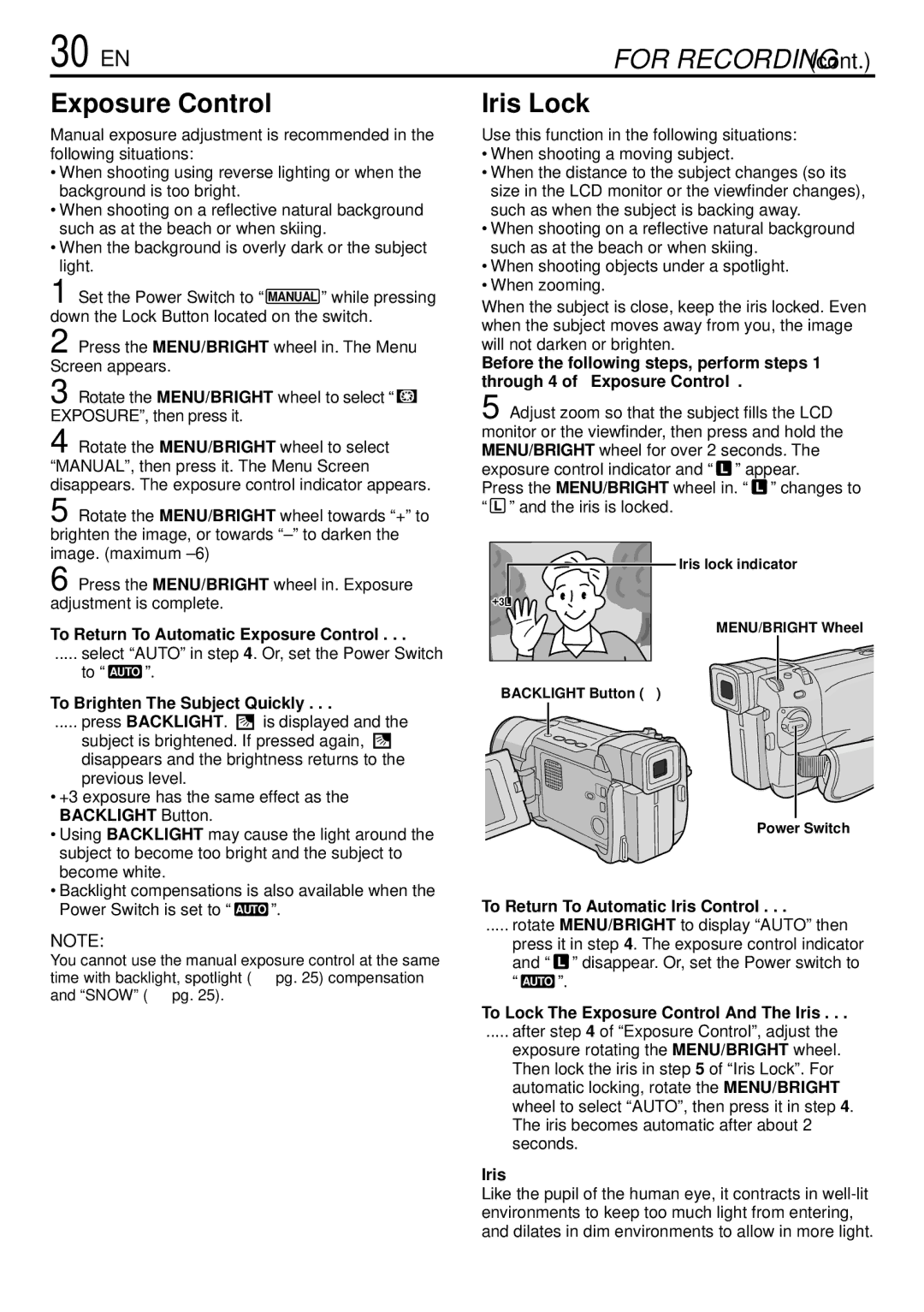 JVC GR-DVL166 specifications 30 EN, Exposure Control, Iris Lock 