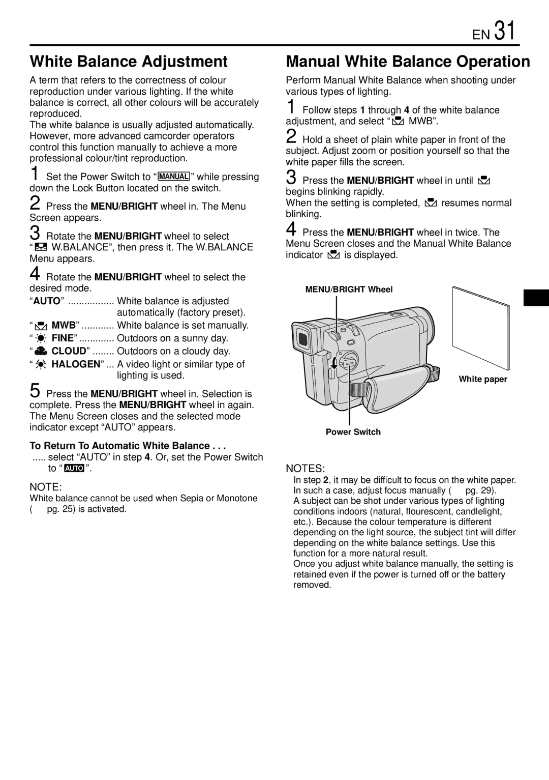 JVC GR-DVL166 specifications White Balance Adjustment, Manual White Balance Operation, Cloud, Halogen 