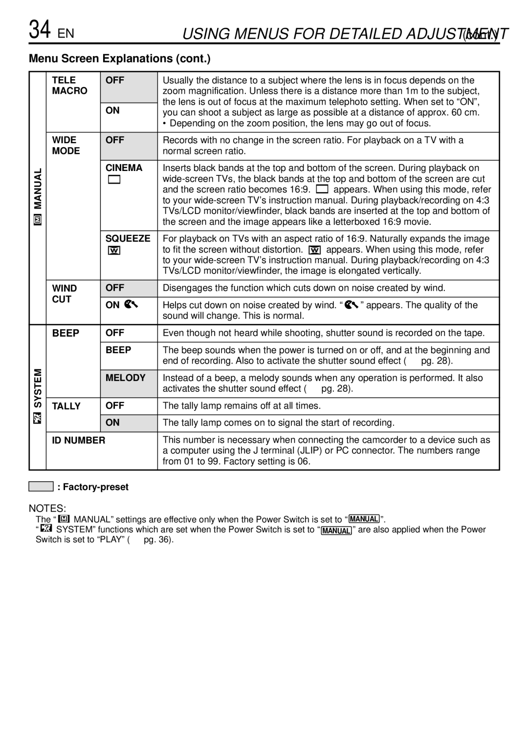 JVC GR-DVL166 Manual System Tele OFF, Macro, Wide OFF, Cinema, Squeeze, Wind OFF, Cut, Beep, Melody, Tally OFF, ID Number 