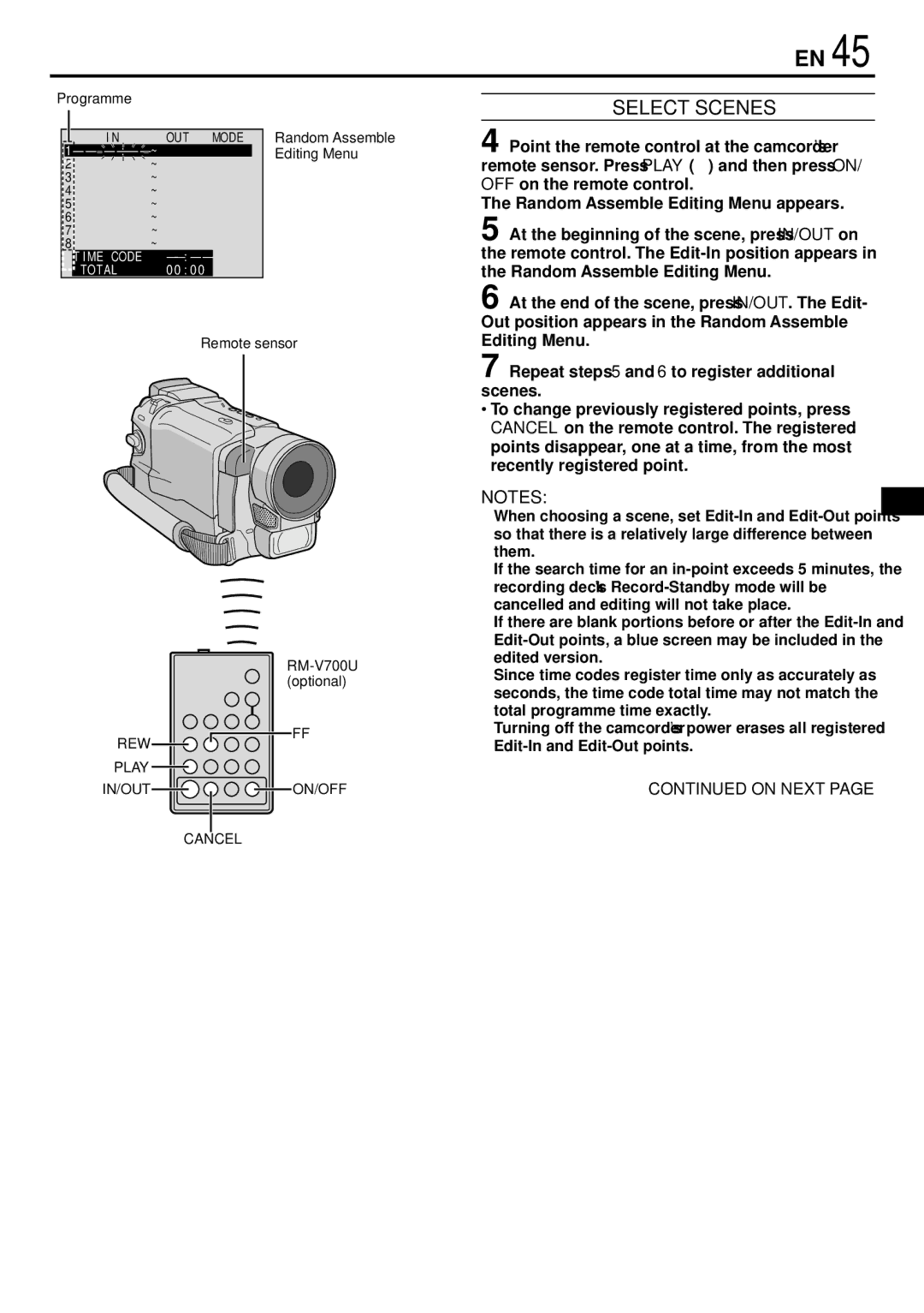 JVC GR-DVL166 specifications Select Scenes, Remote sensor RM-V700U optional 