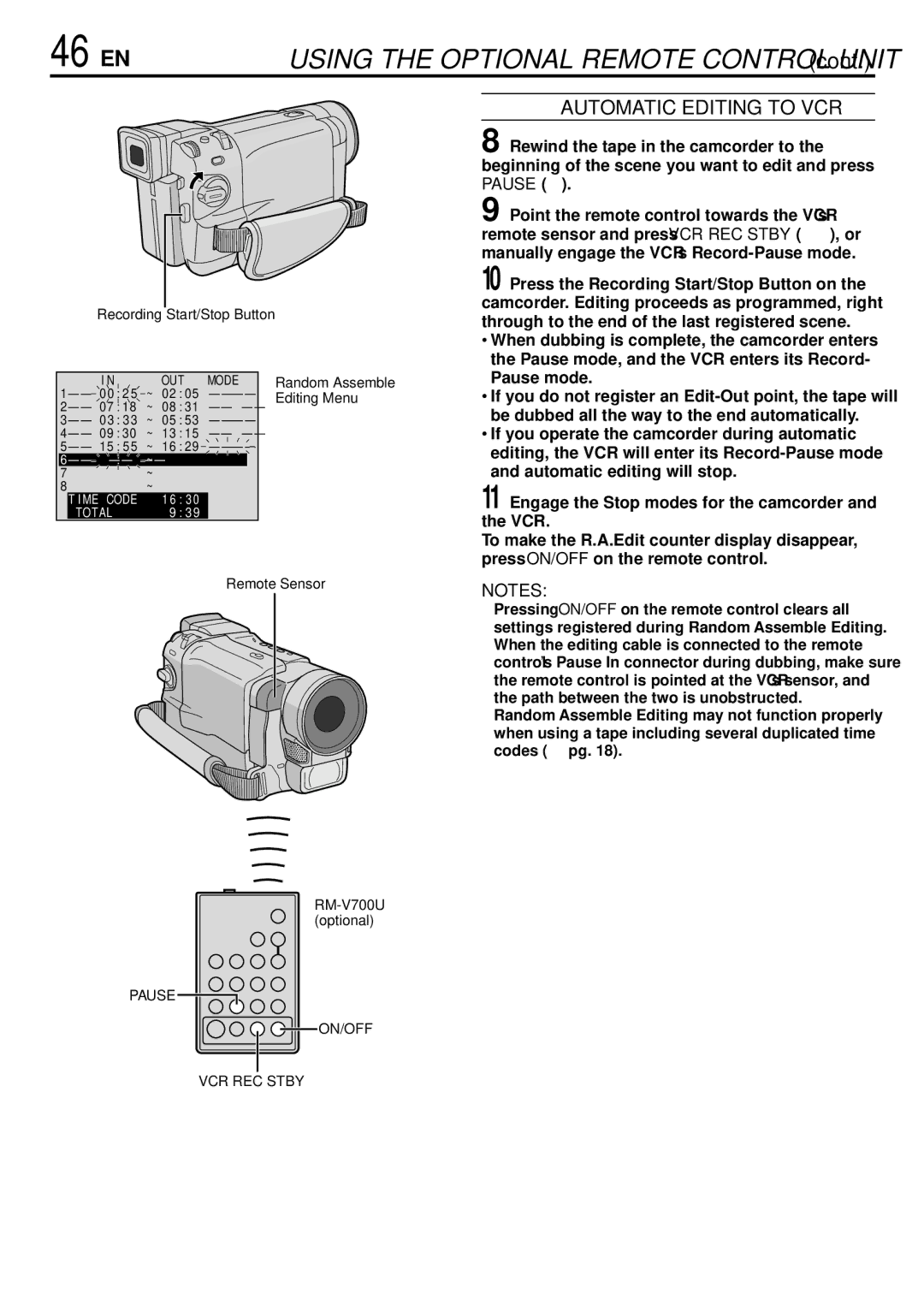 JVC GR-DVL166 specifications 46 EN, Automatic Editing to VCR, Editing Menu 