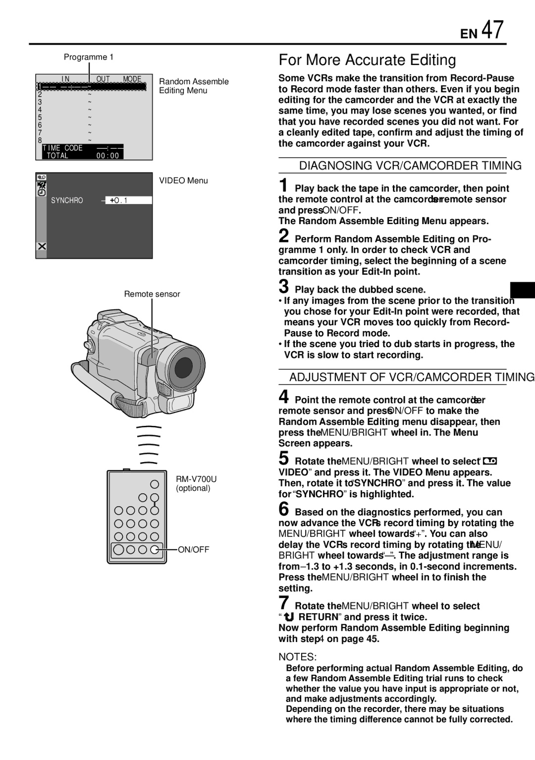 JVC GR-DVL166 For More Accurate Editing, Diagnosing VCR/CAMCORDER Timing, Adjustment of VCR/CAMCORDER Timing, Programme 