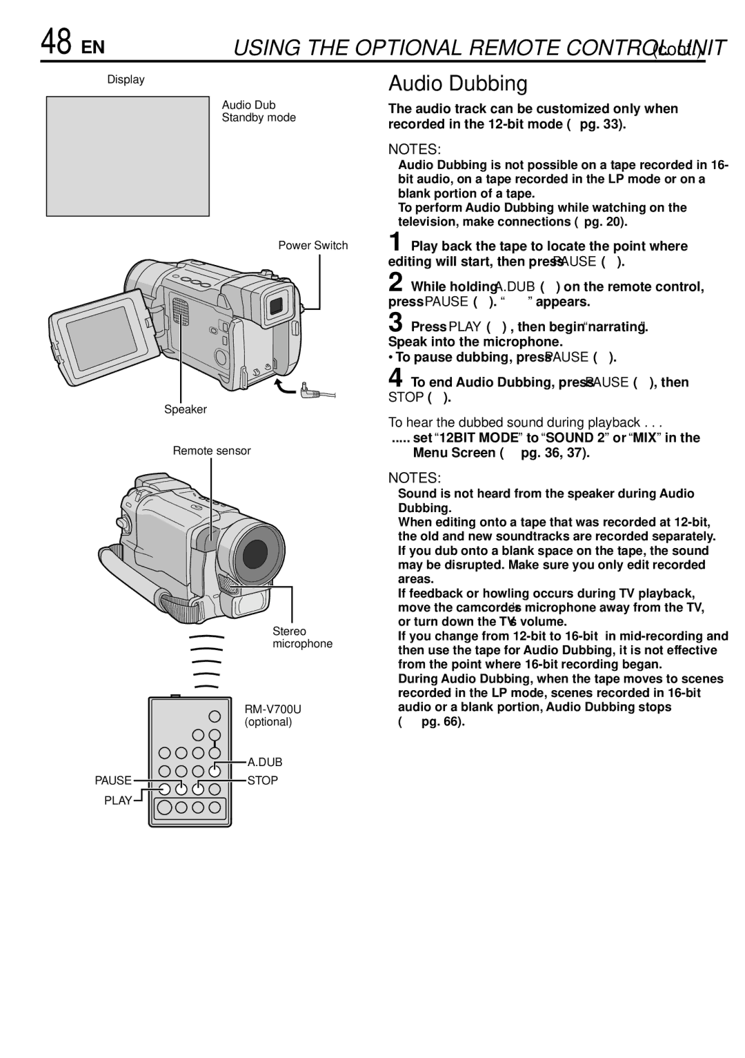 JVC GR-DVL166 specifications 48 EN, Audio Dubbing, To hear the dubbed sound during playback 