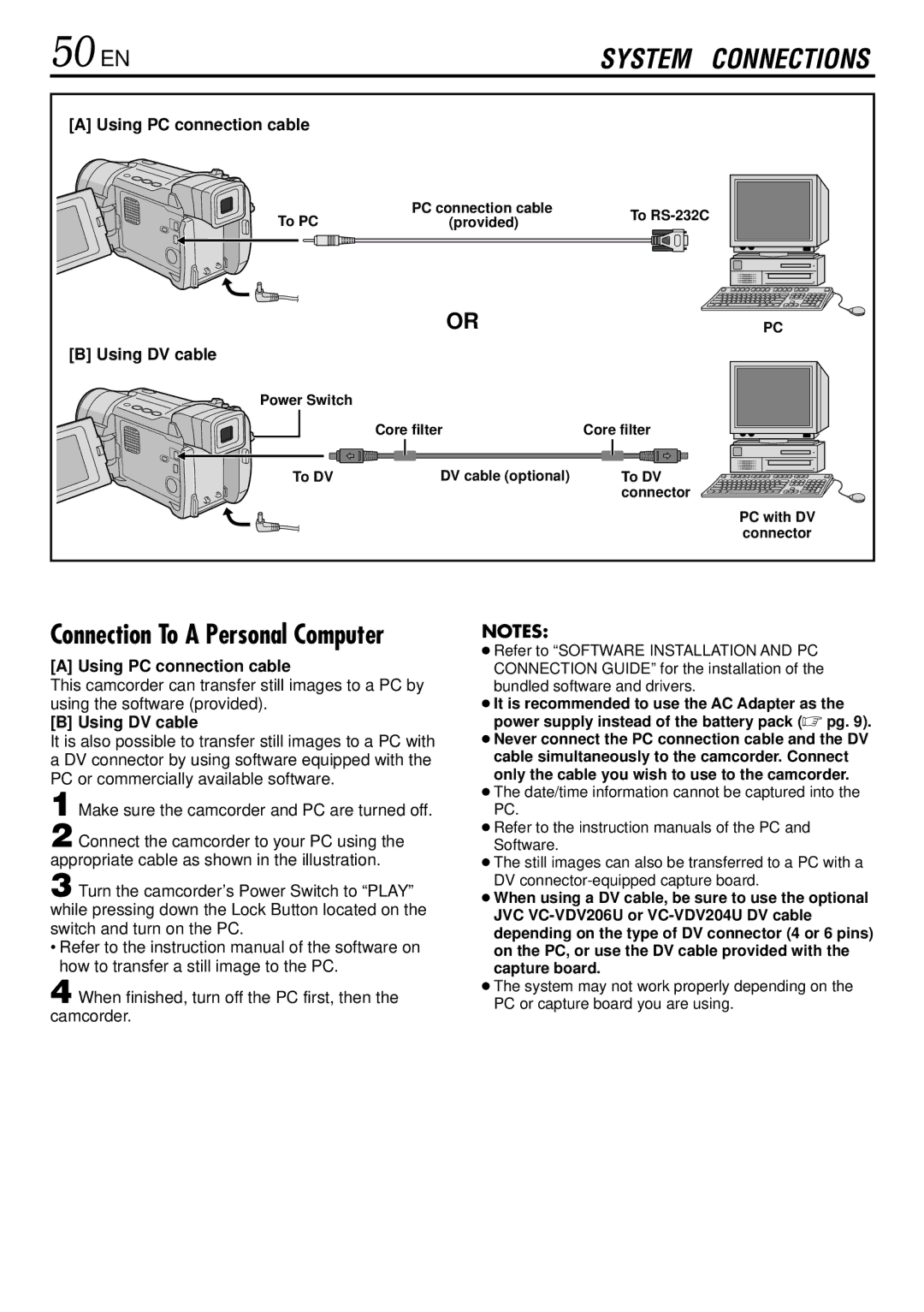 JVC GR-DVL166 specifications 50 EN, Using PC connection cable, Using DV cable 