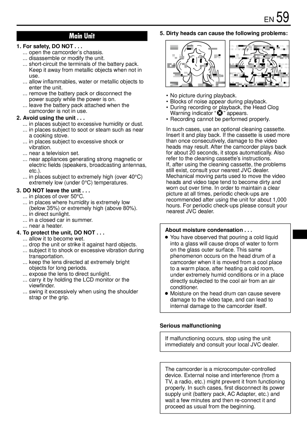 JVC GR-DVL166 specifications For safety, do not, Avoid using the unit, Do not leave the unit, To protect the unit, do not 