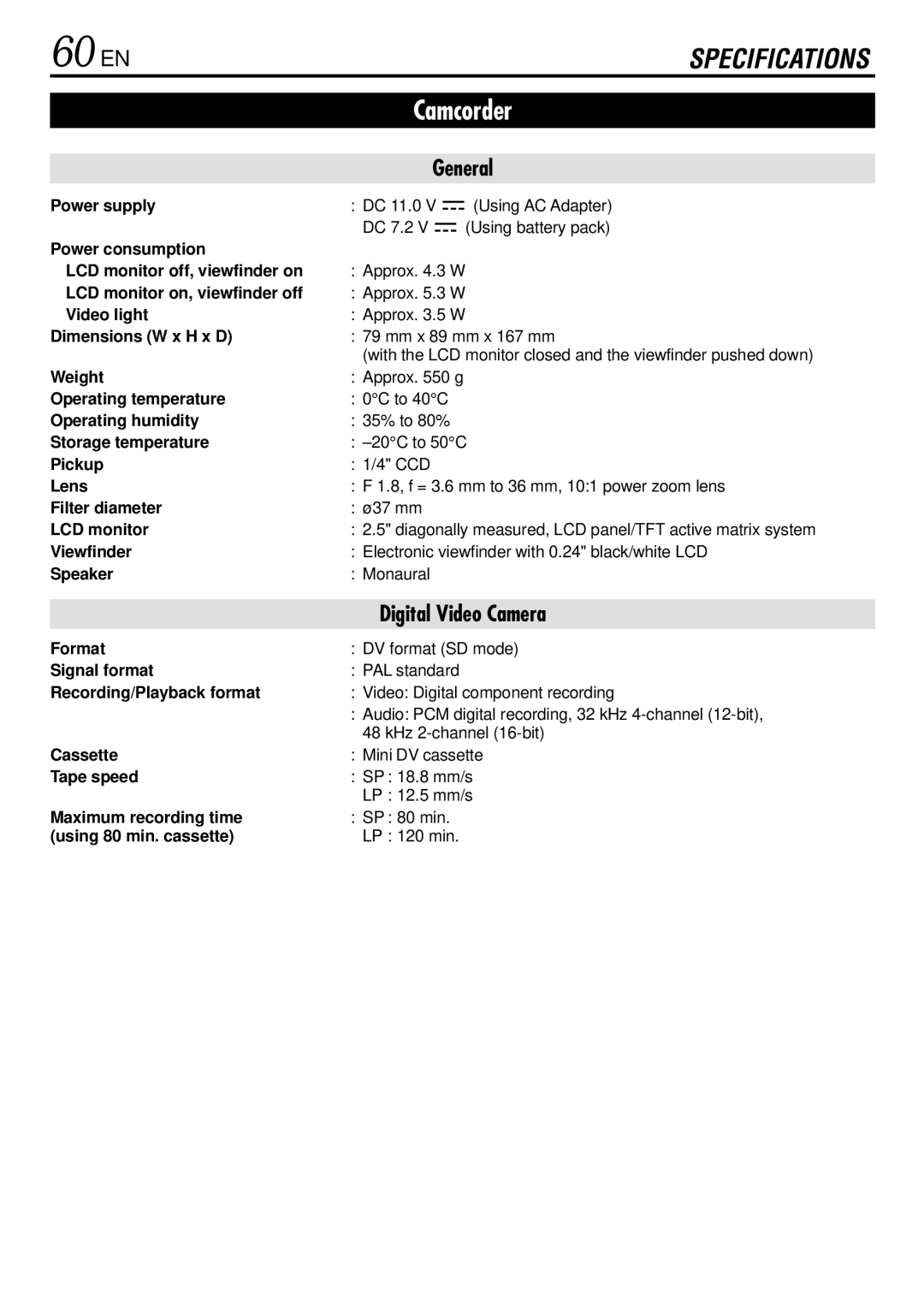 JVC GR-DVL166 specifications 60 EN 