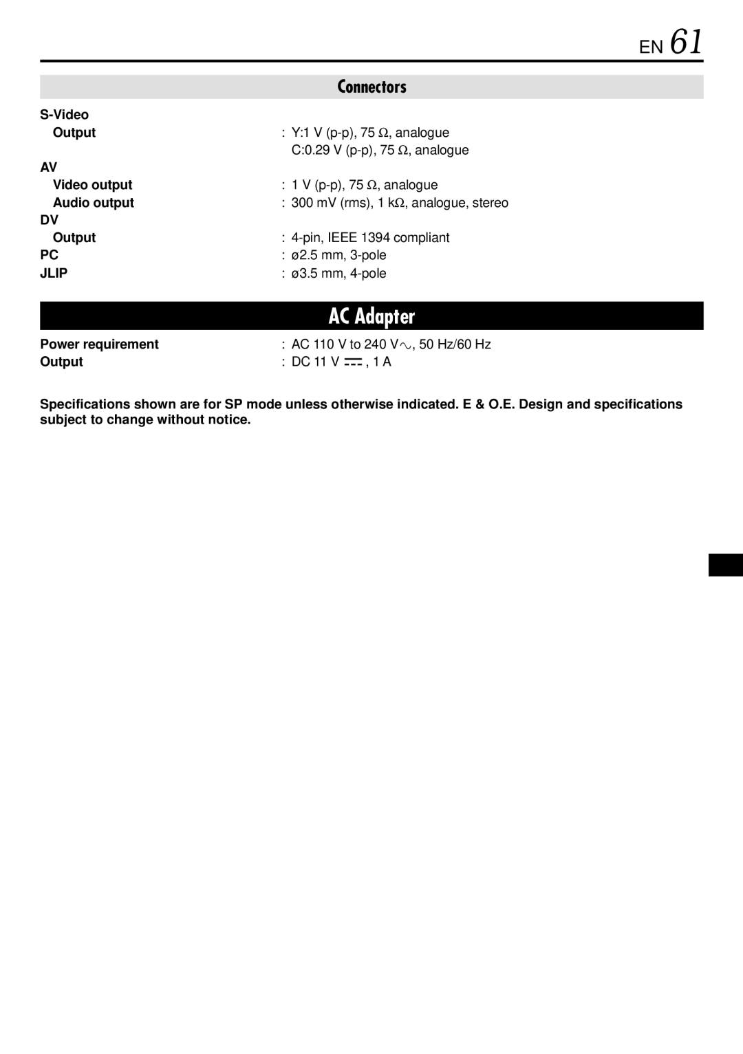 JVC GR-DVL166 specifications Video Output, Audio output, Jlip, Power requirement 