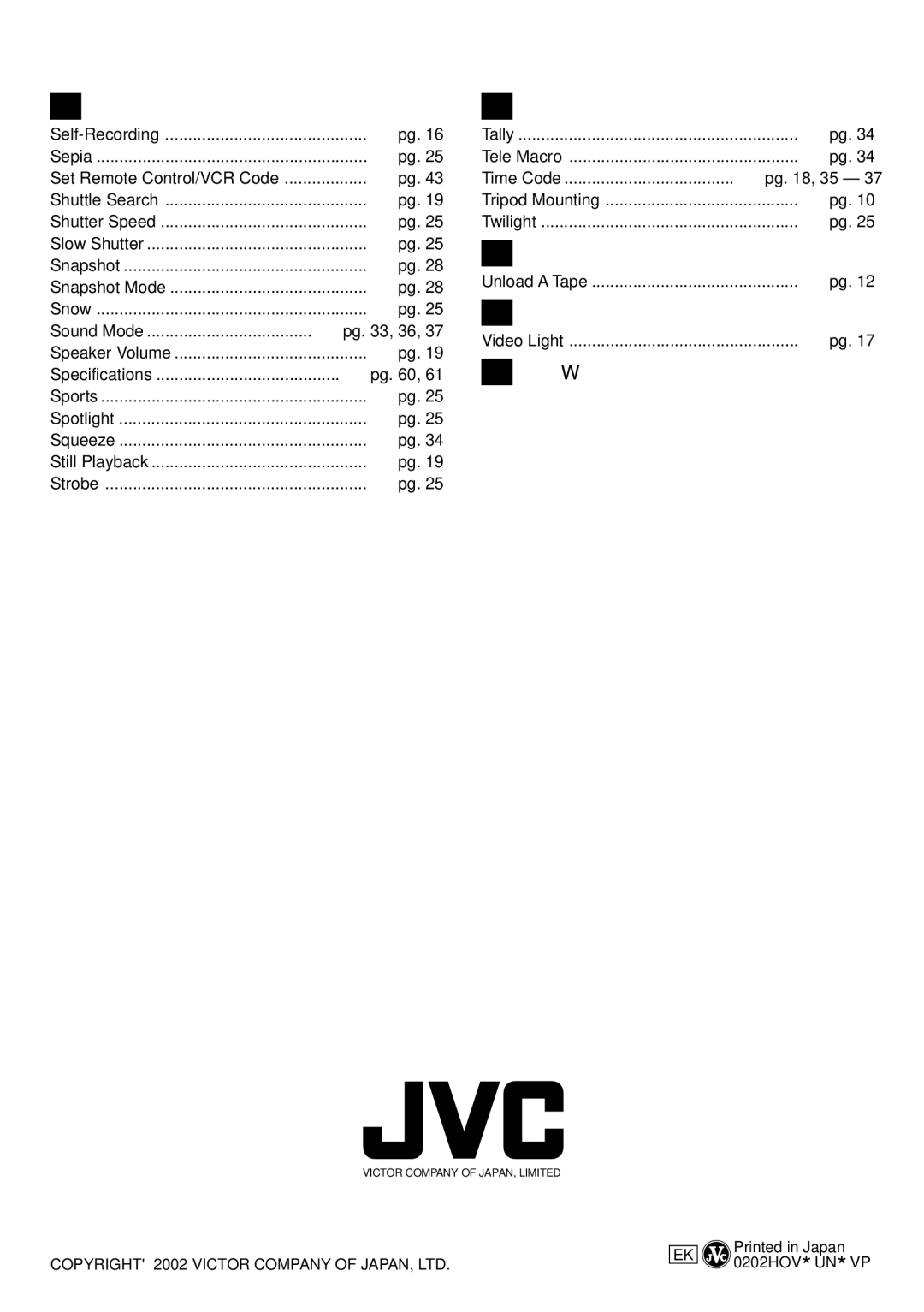 JVC GR-DVL166 specifications Pg , 35, Unload a Tape, Video Light, White Balance, See previous page as well 