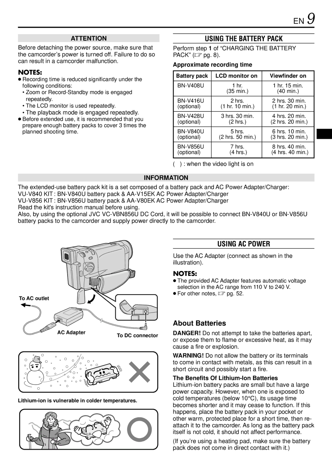 JVC GR-DVL166 specifications Using the Battery Pack, Using AC Power, About Batteries, Approximate recording time 