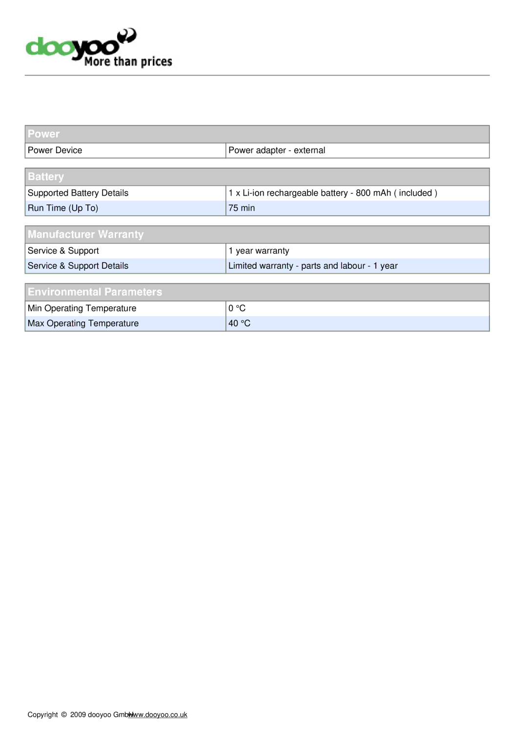 JVC GR-DVL167 manual Power, Battery, Manufacturer Warranty, Environmental Parameters 