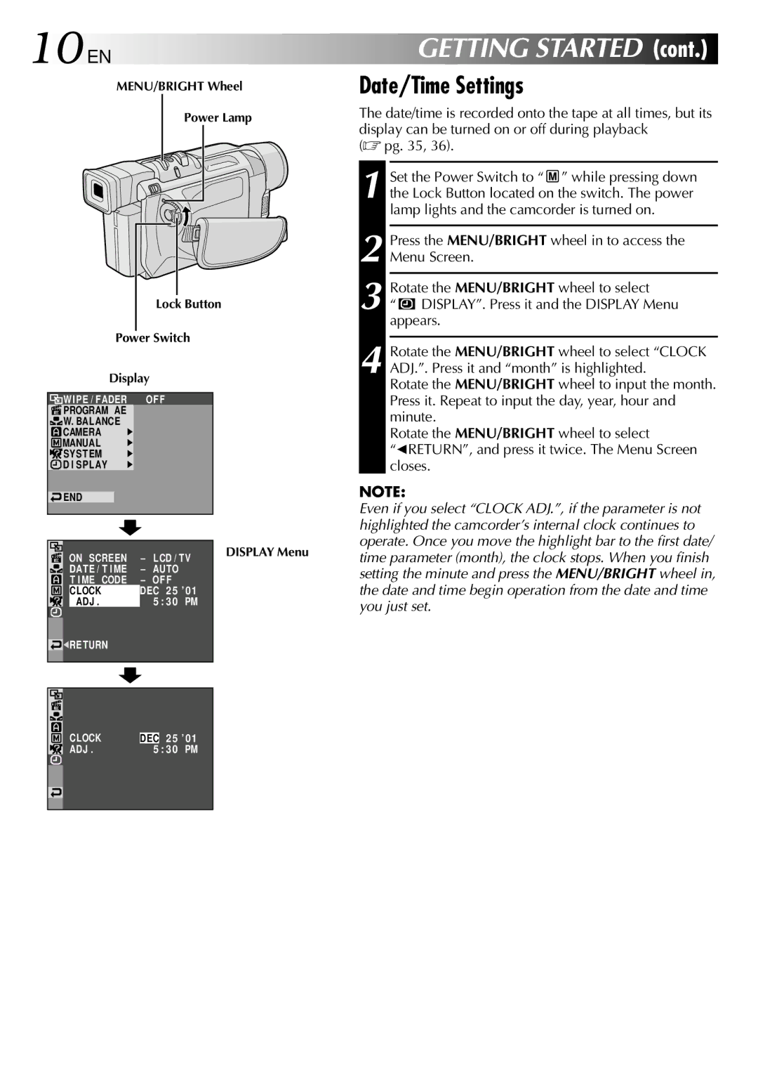 JVC GR-DVL210 specifications 10 EN, Date/Time Settings 