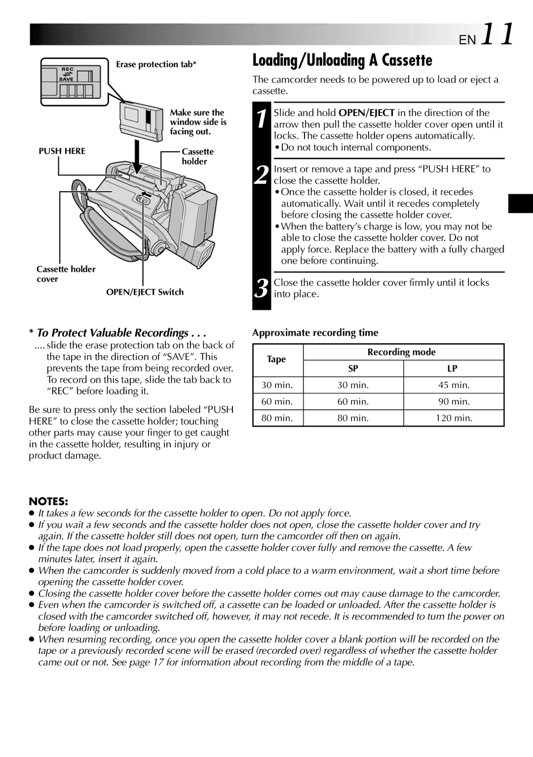 JVC GR-DVL210 specifications Loading/Unloading a Cassette, Approximate recording time 