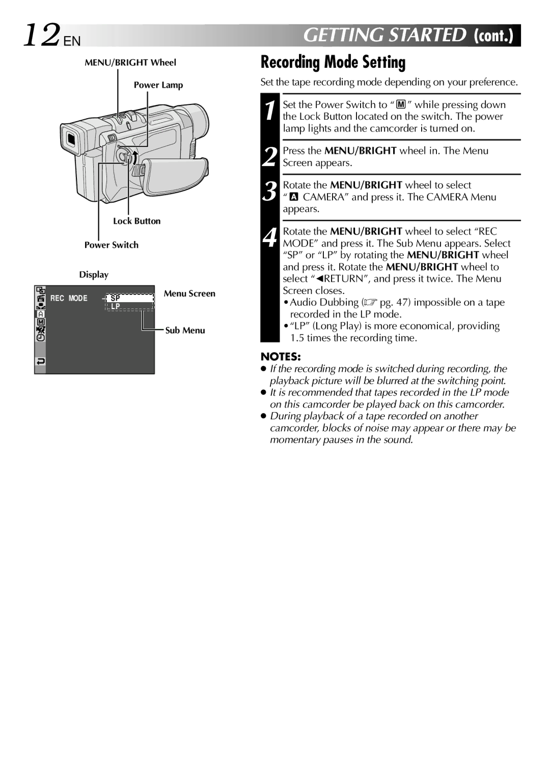 JVC GR-DVL210 specifications 12 EN, Recording Mode Setting, Set the tape recording mode depending on your preference 