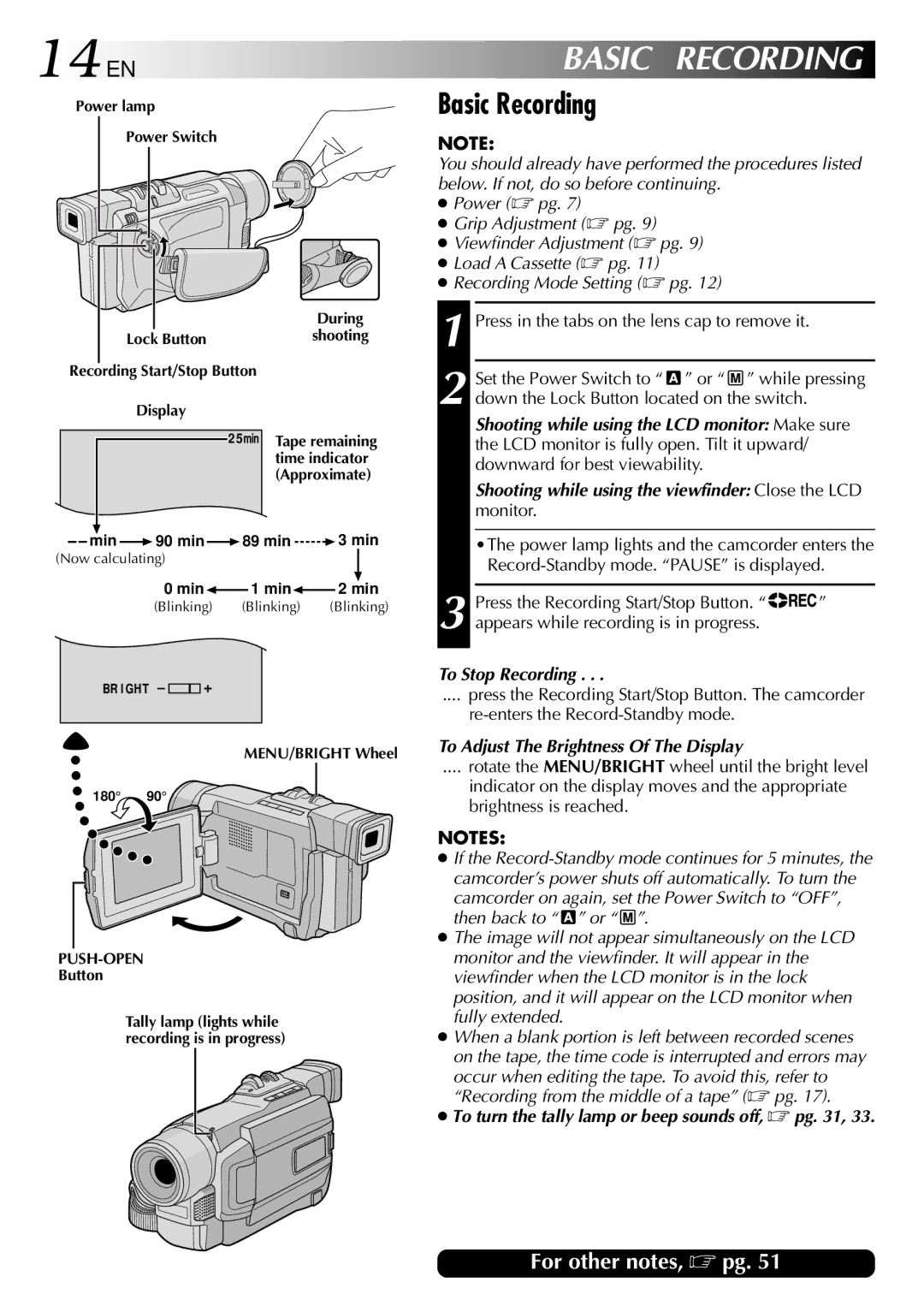 JVC GR-DVL210 specifications 14 EN, Basic Recording, To Stop Recording, To Adjust The Brightness Of The Display 