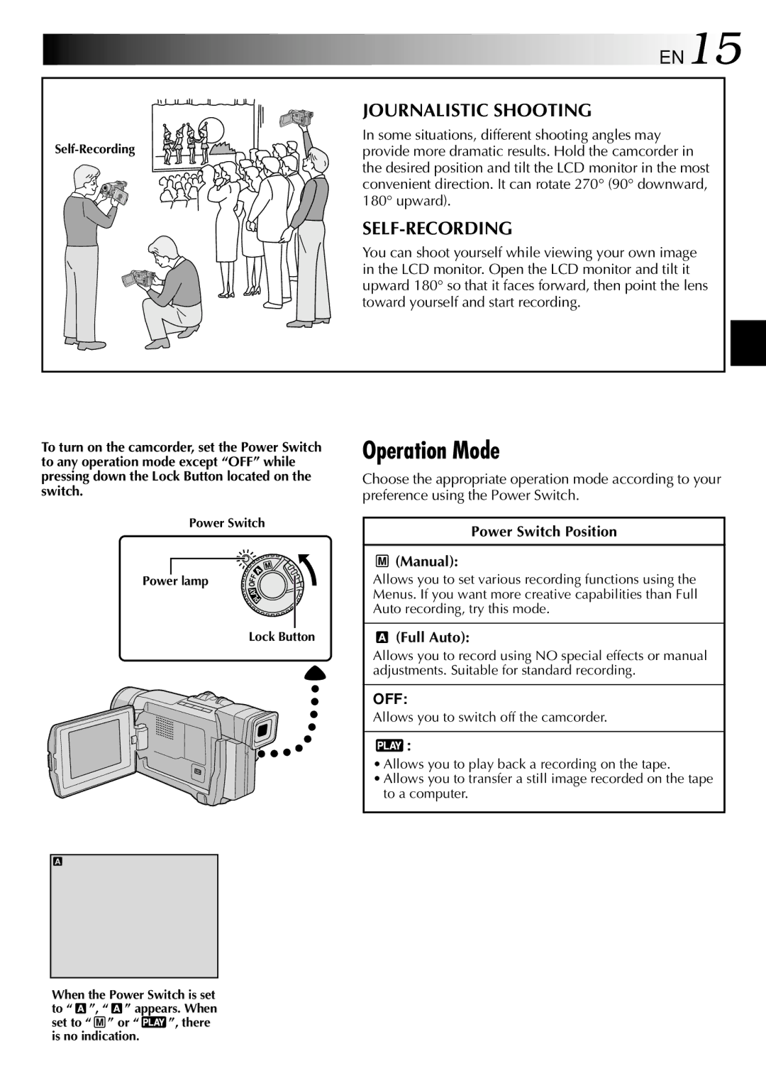 JVC GR-DVL210 specifications Operation Mode, Journalistic Shooting, Self-Recording, Power Switch Position Manual, Full Auto 