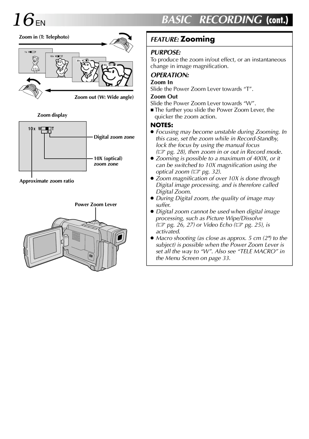 JVC GR-DVL210 specifications 16 EN, Slide the Power Zoom Lever towards T, Zoom Out 