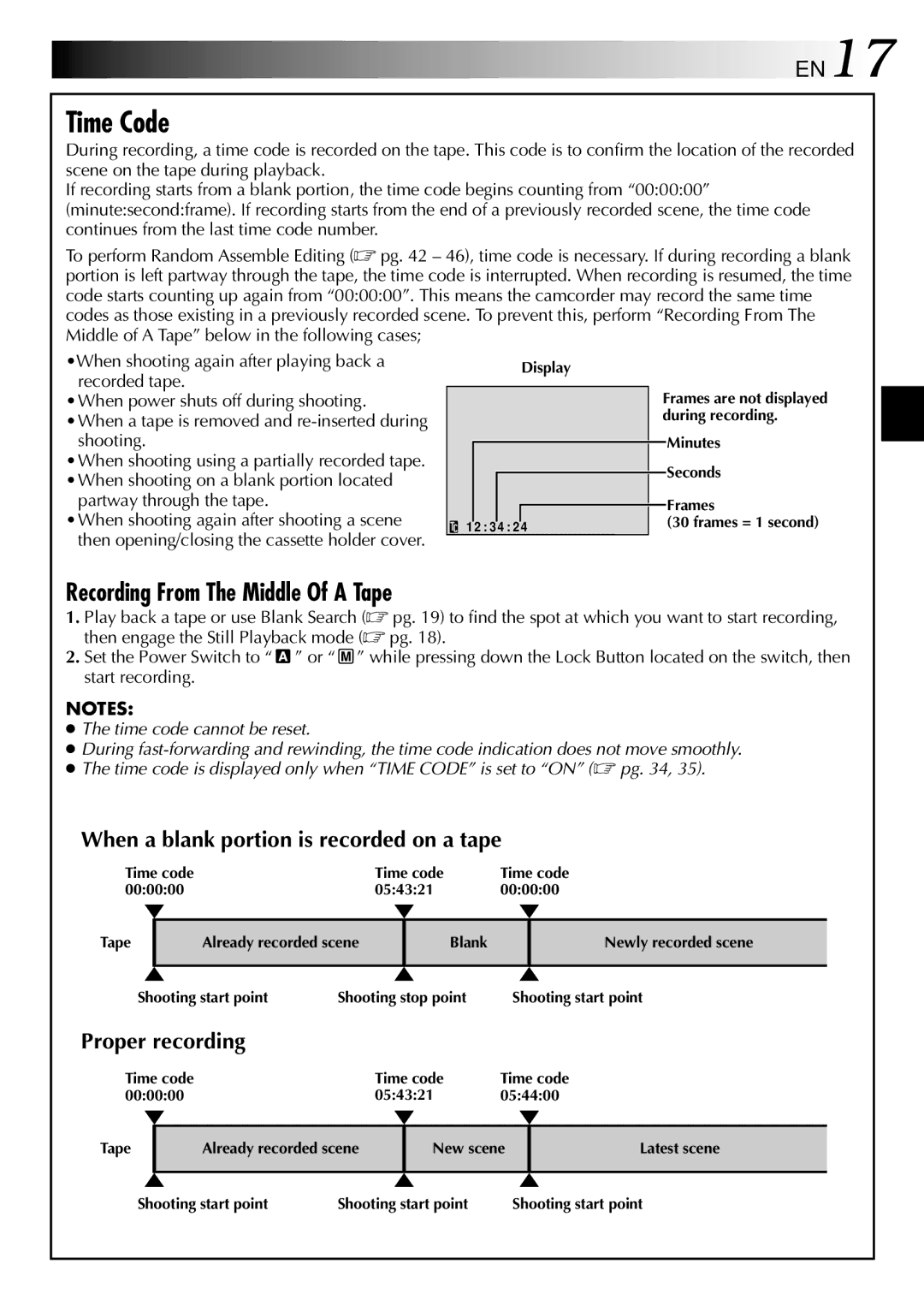 JVC GR-DVL210 specifications Time Code, When a blank portion is recorded on a tape, Proper recording 