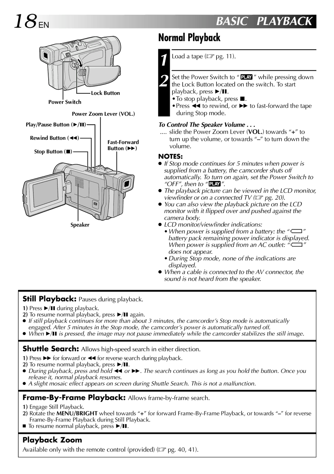 JVC GR-DVL210 specifications 18 EN, Basic, Normal Playback, Playback Zoom, To Control The Speaker Volume 