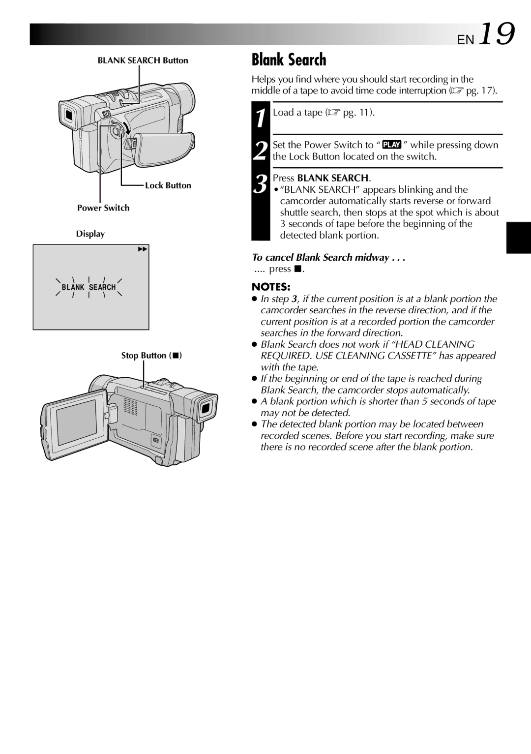 JVC GR-DVL210 specifications Press Blank Search, To cancel Blank Search midway 