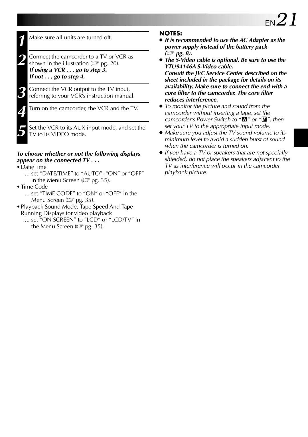 JVC GR-DVL210 specifications EN21, If using a VCR . . . go to step If not . . . go to step 