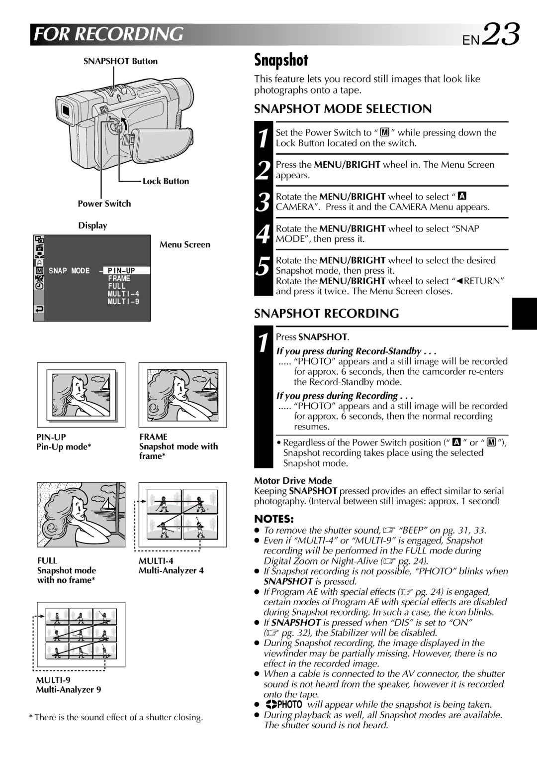 JVC GR-DVL210 specifications For Recording, Snapshot Mode Selection, Snapshot Recording 