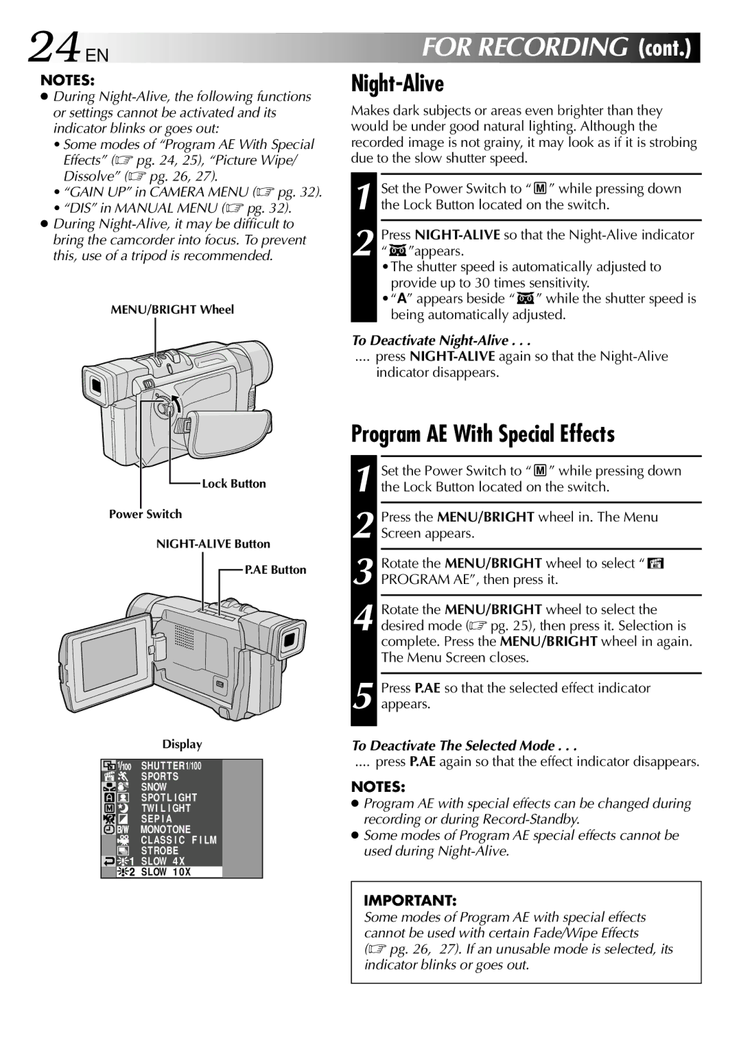 JVC GR-DVL210 24 EN, Program AE With Special Effects, To Deactivate Night-Alive, To Deactivate The Selected Mode 