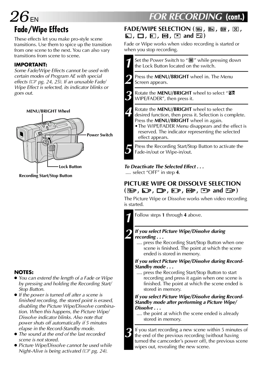 JVC GR-DVL210 specifications 26 EN, Fade/Wipe Effects, FADE/WIPE Selection, Picture Wipe or Dissolve Selection 