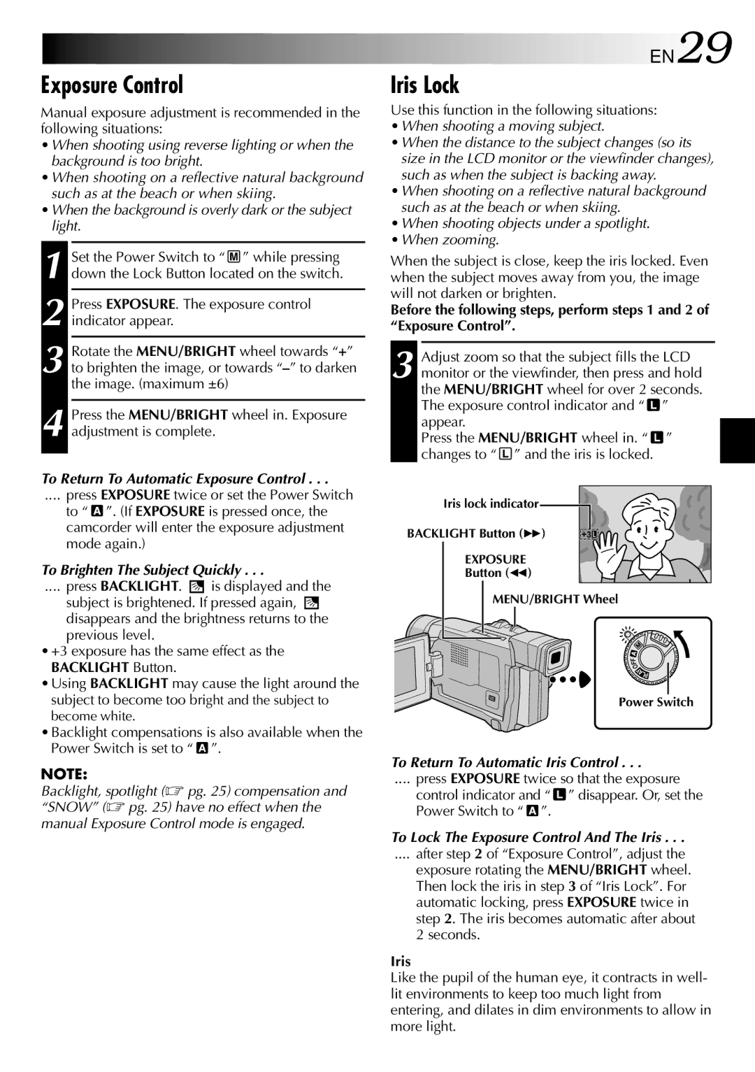 JVC GR-DVL210 specifications Exposure Control, Iris Lock 