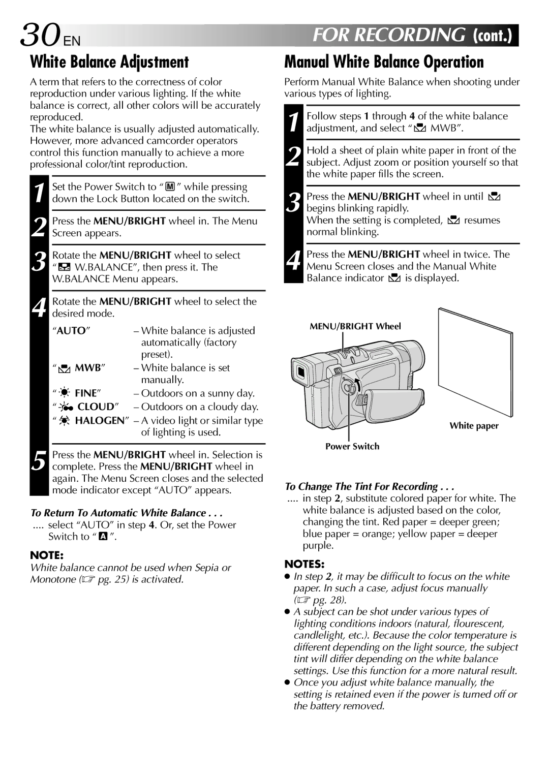 JVC GR-DVL210 30 EN, White Balance Adjustment, Manual White Balance Operation, To Return To Automatic White Balance 