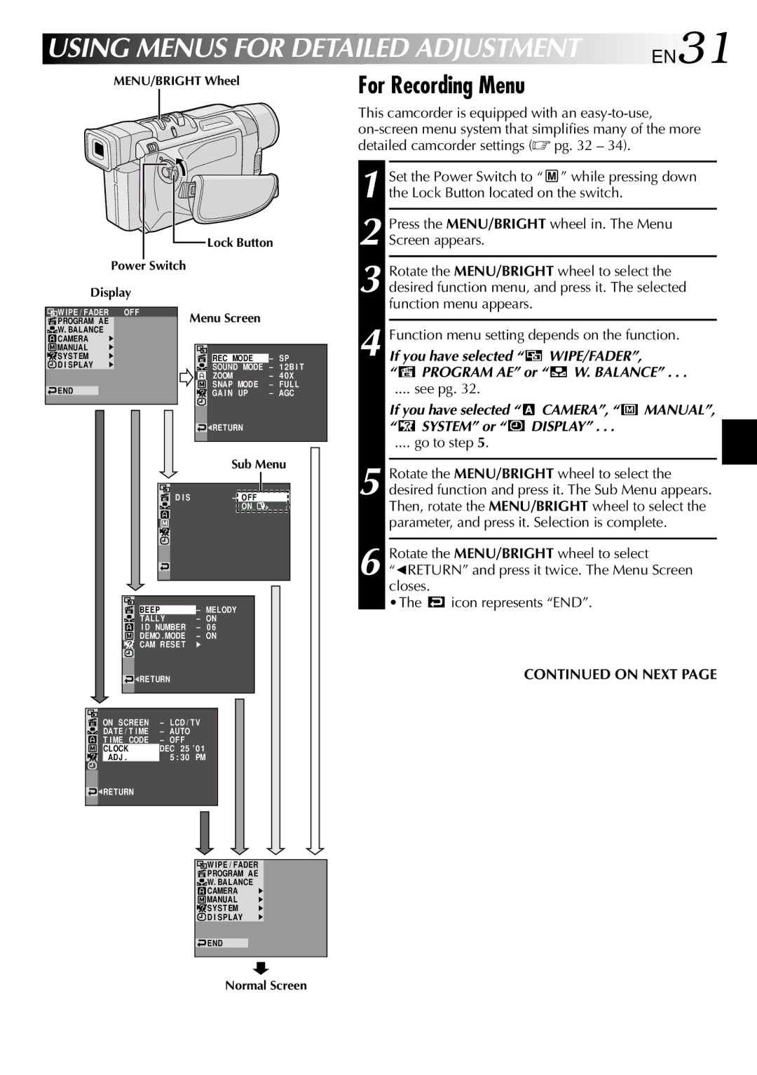 JVC GR-DVL210 specifications Using Menus for Detailed Adjustment, For Recording Menu, System or Display 