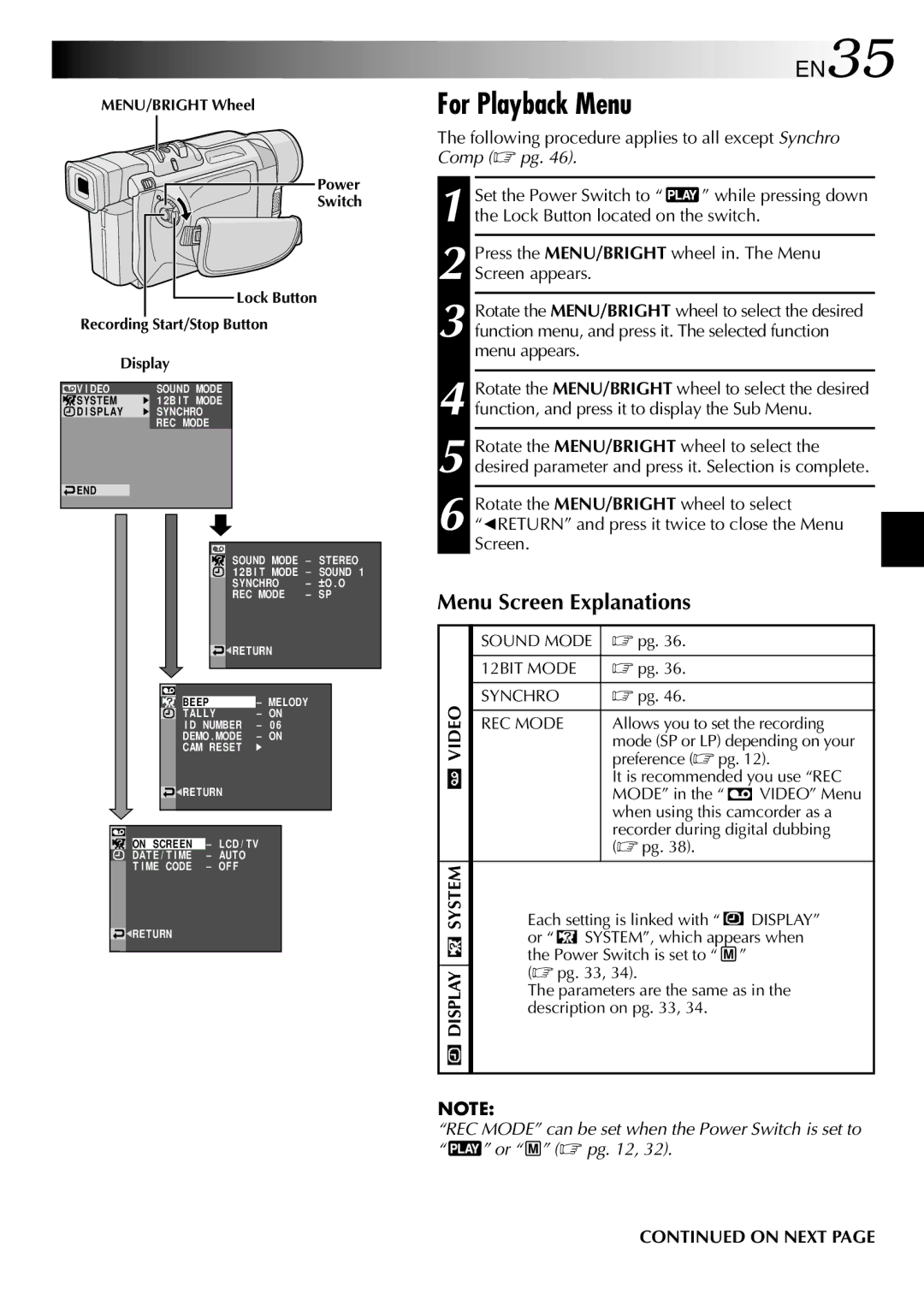 JVC GR-DVL210 specifications For Playback Menu, Following procedure applies to all except Synchro Comp  pg 