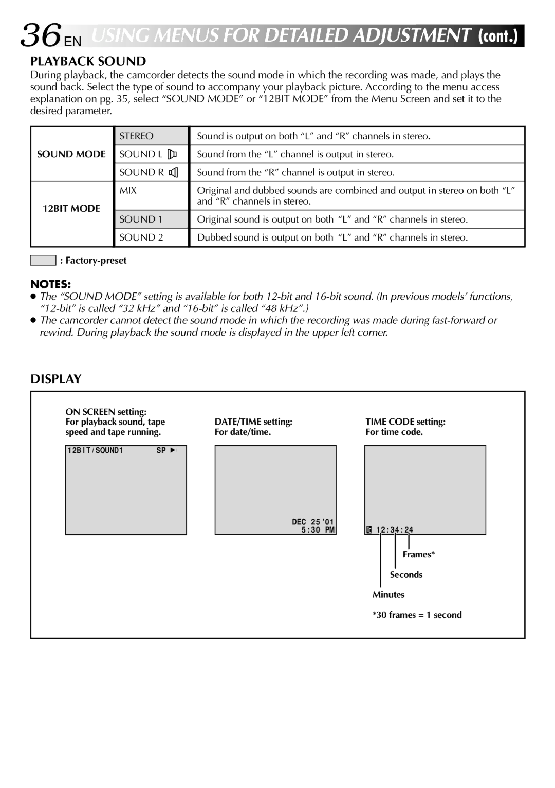 JVC GR-DVL210 specifications Playback Sound, Display 