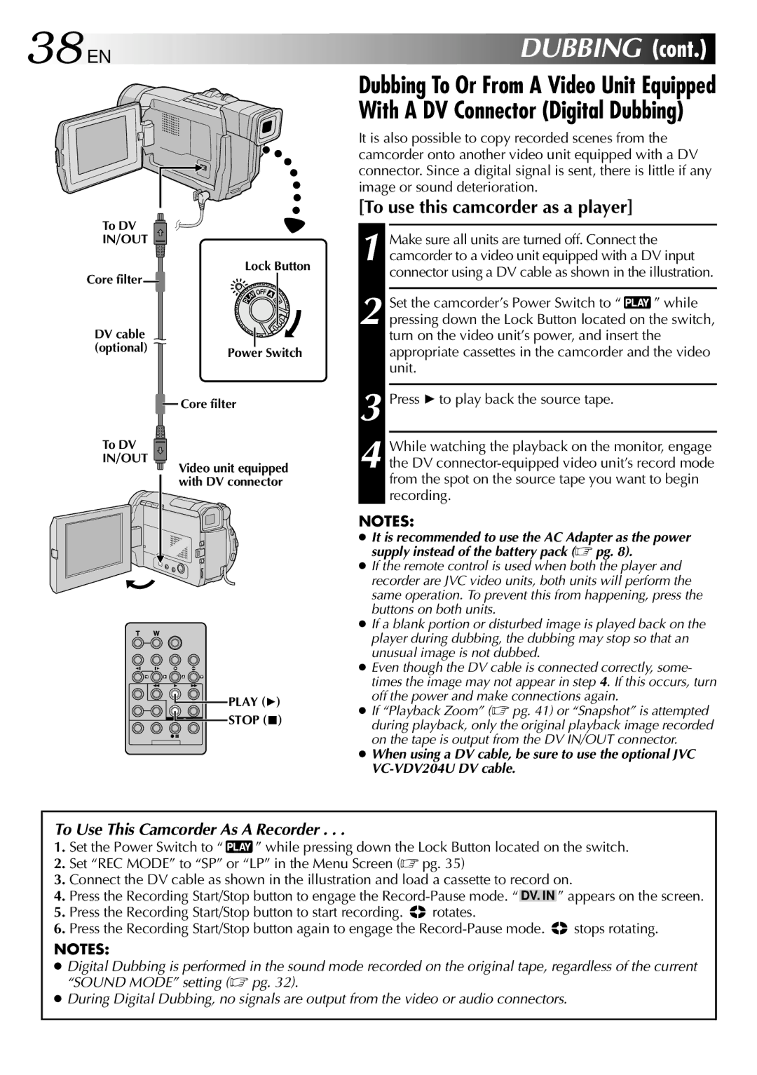 JVC GR-DVL210 specifications 38 EN, To use this camcorder as a player 