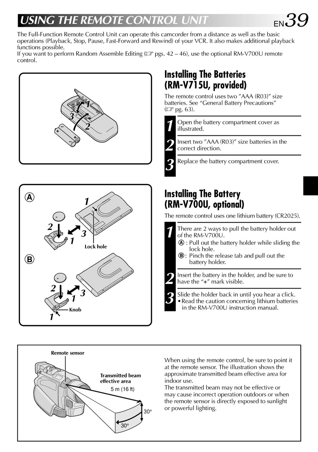 JVC GR-DVL210 specifications Using the Remote Control Unit, Installing The Batteries RM-V715U, provided 