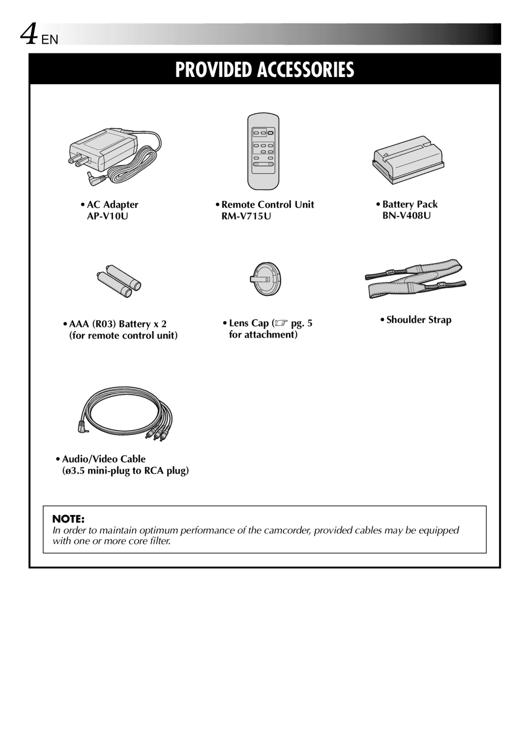 JVC GR-DVL210 specifications Remote Control Unit, RM-V715U BN-V408U AAA R03 Battery x Lens Cap  pg 