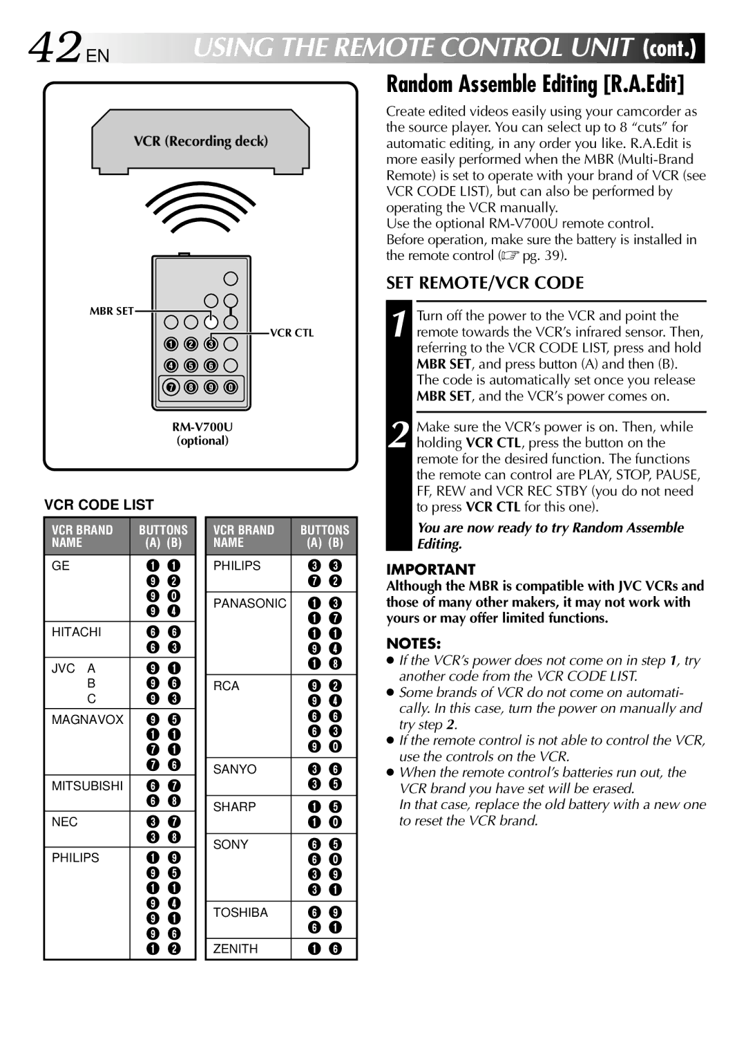 JVC GR-DVL210 specifications 42 EN, Random Assemble Editing R.A.Edit, SET REMOTE/VCR Code, VCR Recording deck 