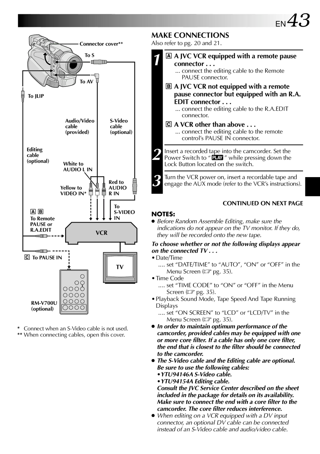 JVC GR-DVL210 specifications Make Connections, JVC VCR equipped with a remote pause connector, VCR other than above 