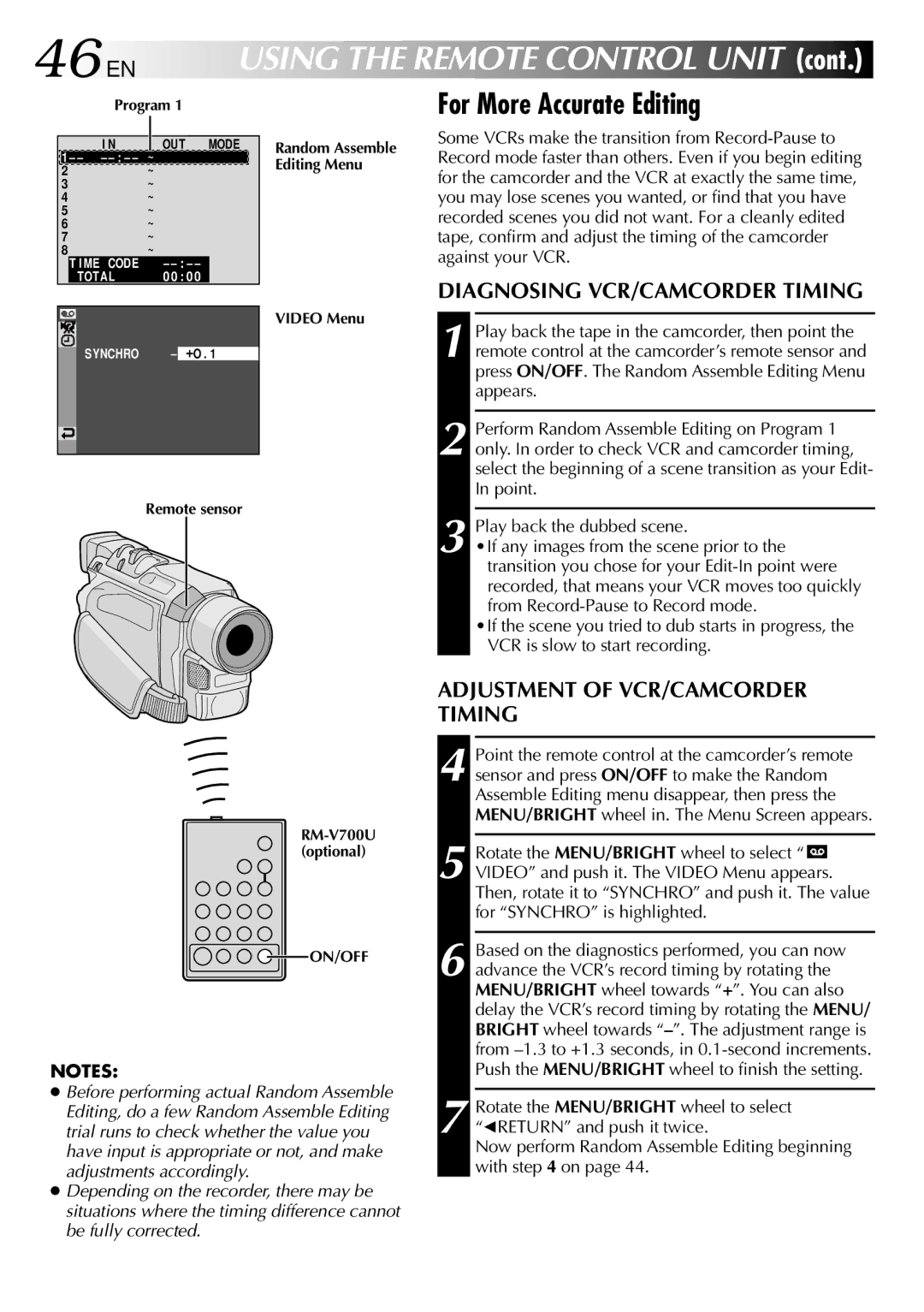 JVC GR-DVL210 46 EN, For More Accurate Editing, Diagnosing VCR/CAMCORDER Timing, Adjustment of VCR/CAMCORDER Timing 