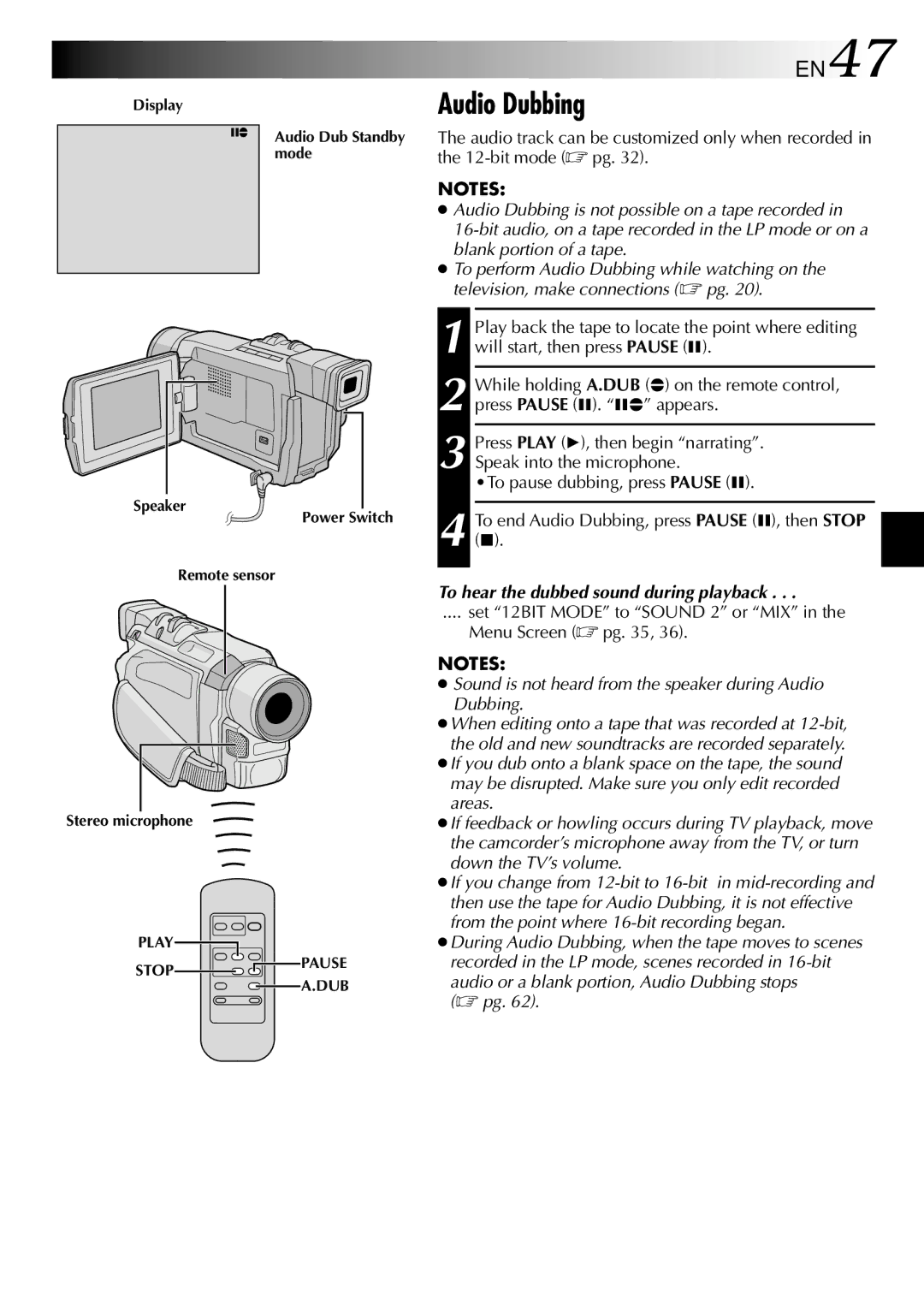 JVC GR-DVL210 Audio Dubbing, To hear the dubbed sound during playback, Set 12BIT Mode to Sound 2 or MIX Menu Screen  pg 